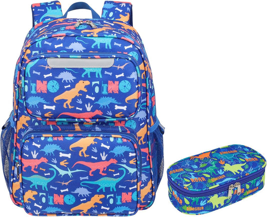 Kids Backpack with Pencil Case - 15 Inch Backpack for Boys 3 to 8, Lightweight Bookbag for Preschool Kindergarten Elementary School, Insulated Pocket, Safe Reflective Stripe, Blue Dinosaur
