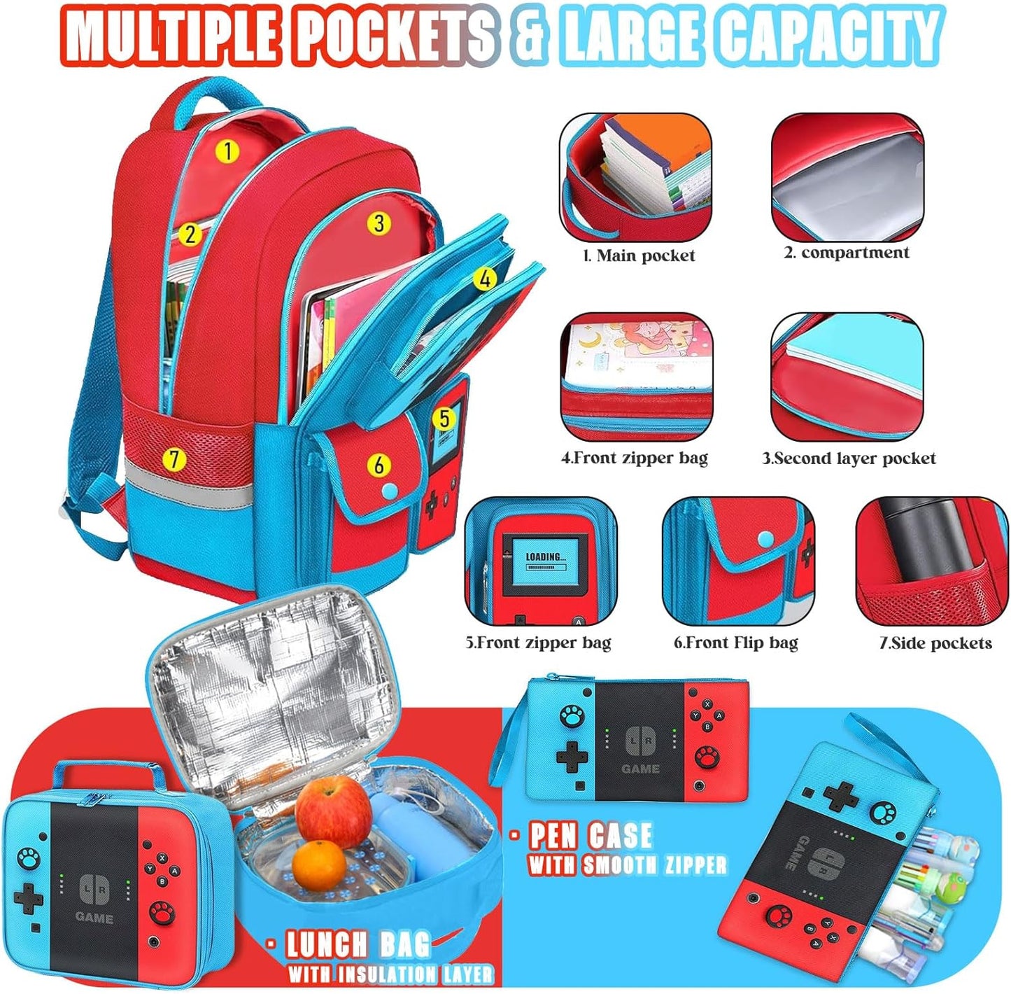 3 Piece School Backpack Set for Boys Girls–Includes 17" Gamer Bookbag, Insulated Lunch Box, Pencil Case–Video Game Controller Design, Durable Lightweight Back to School Bag for Kids and Teens