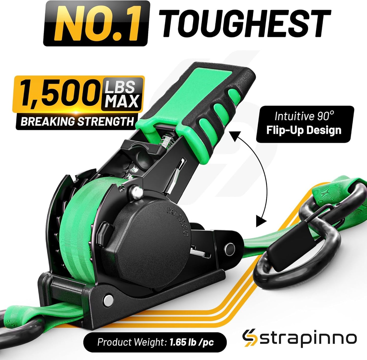 Strapinno Retractable Ratchet Straps 1 in x 10 ft, Secure Tie-Downs with Rubber-Coated Steel Handles, for Motorcycle, Jetski, Kayak, Breaking Strength 1,500LBS/680KG (Green Strap, Black Coated)