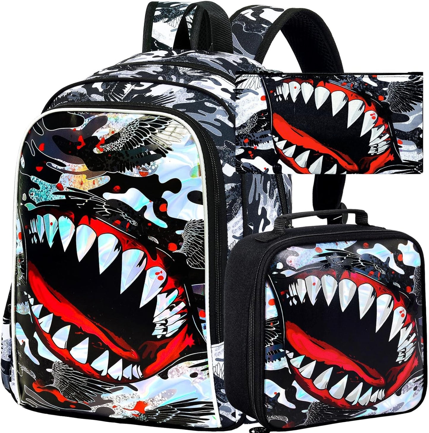 3Pcs Backpack for Boys, 16" Shark Kids Bookbag with Lunch Box, School Backpacks for Elementary Preschool Kindergarten (Black)