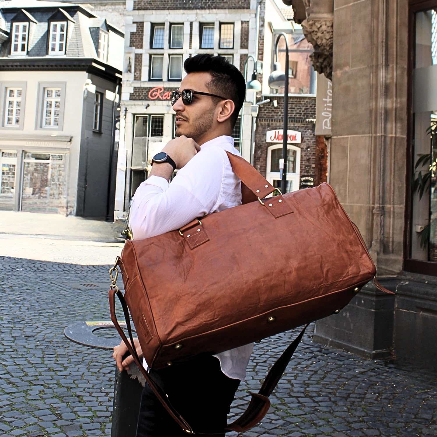 Leather Duffle Bag for Men & Women, 46L Overnight Weekender Garment Duffel Bags for Travel with