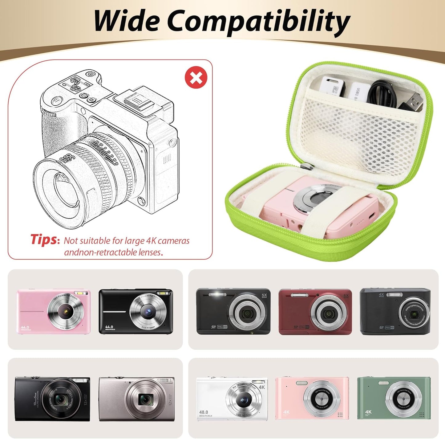 Digital Camera Case for CAMKORY, KODAK PIXPRO FZ45/FZ55, Canon IXUS 285 HS, Lecran, Small Travel Compact Camera Holder with Mesh Pocket for Accessories SD Card (Green)
