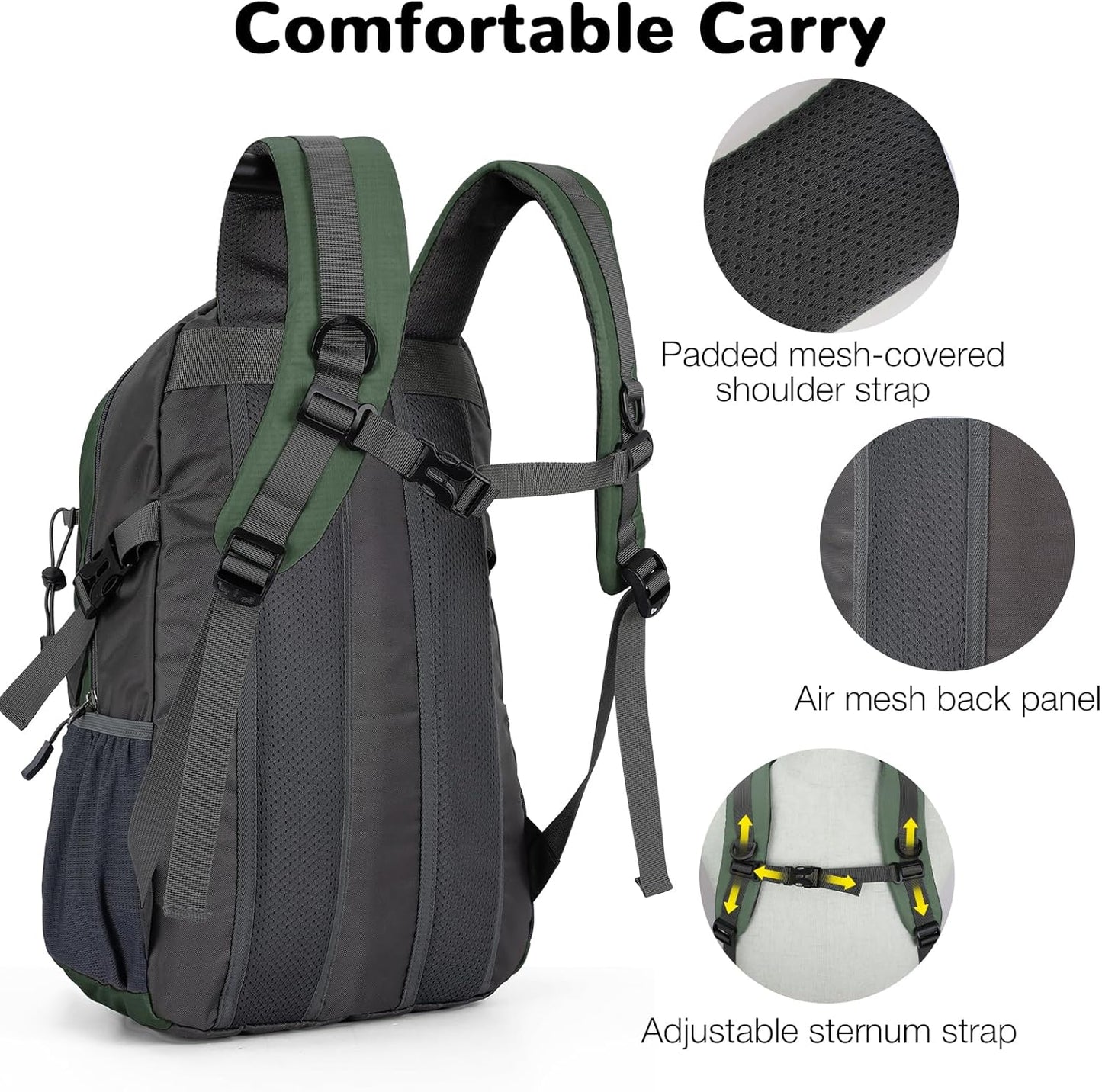 25L Small Hiking Backpack Daypack for Men Women, Waterproof Outdoor Backpack with Chest Strap for Camping, Green