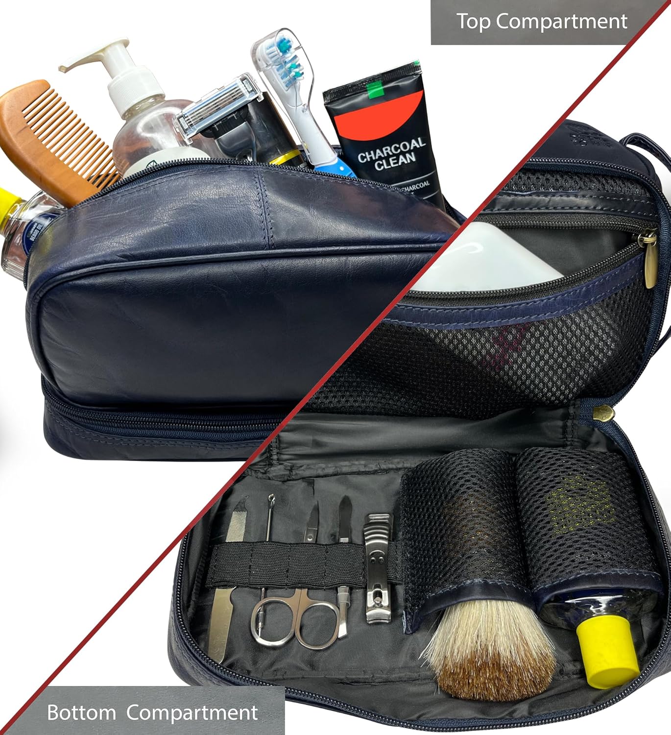 RUSTIC TOWN Leather Toiletry Bag - Waterproof Ditty Kit for Men and Women, Travel Organizer for Full-Size Essentials, TSA Approved