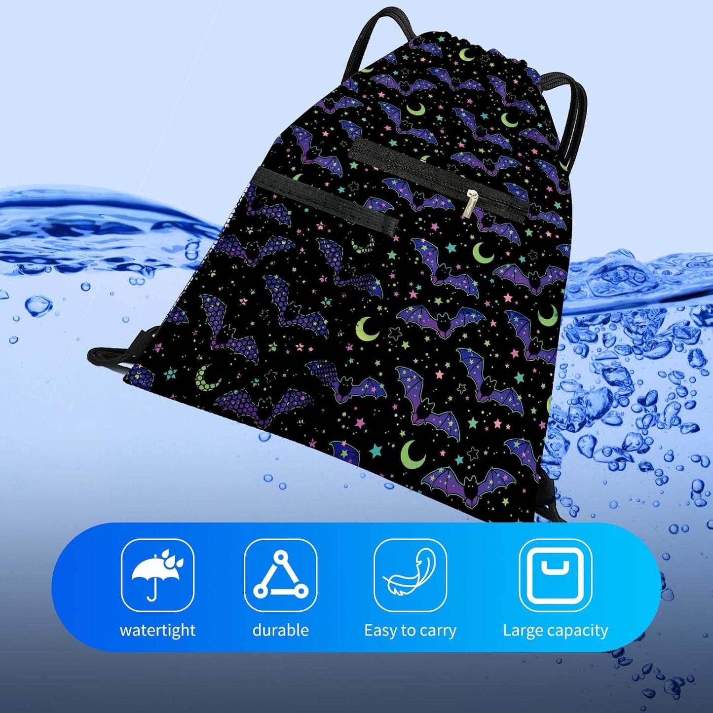 Drawstring Backpack Sports Gym Bag, Large String Swim Bag for Beach With Water Bottle Mesh Pocket, Cute Gym Sack with Zipper Pocket for Men Women Cute Black Bats