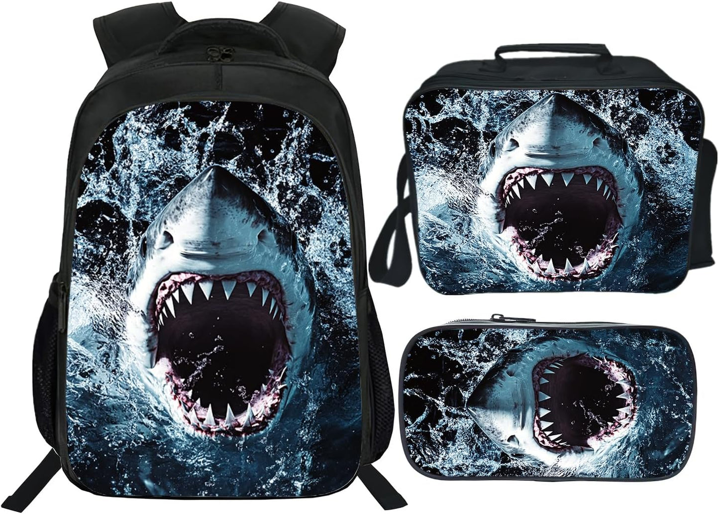 Shark Backpack Ocean Kids Bookbag 16inch Schoolbag With Lunch Box Bag And Pencil Case Set For Boys Girls