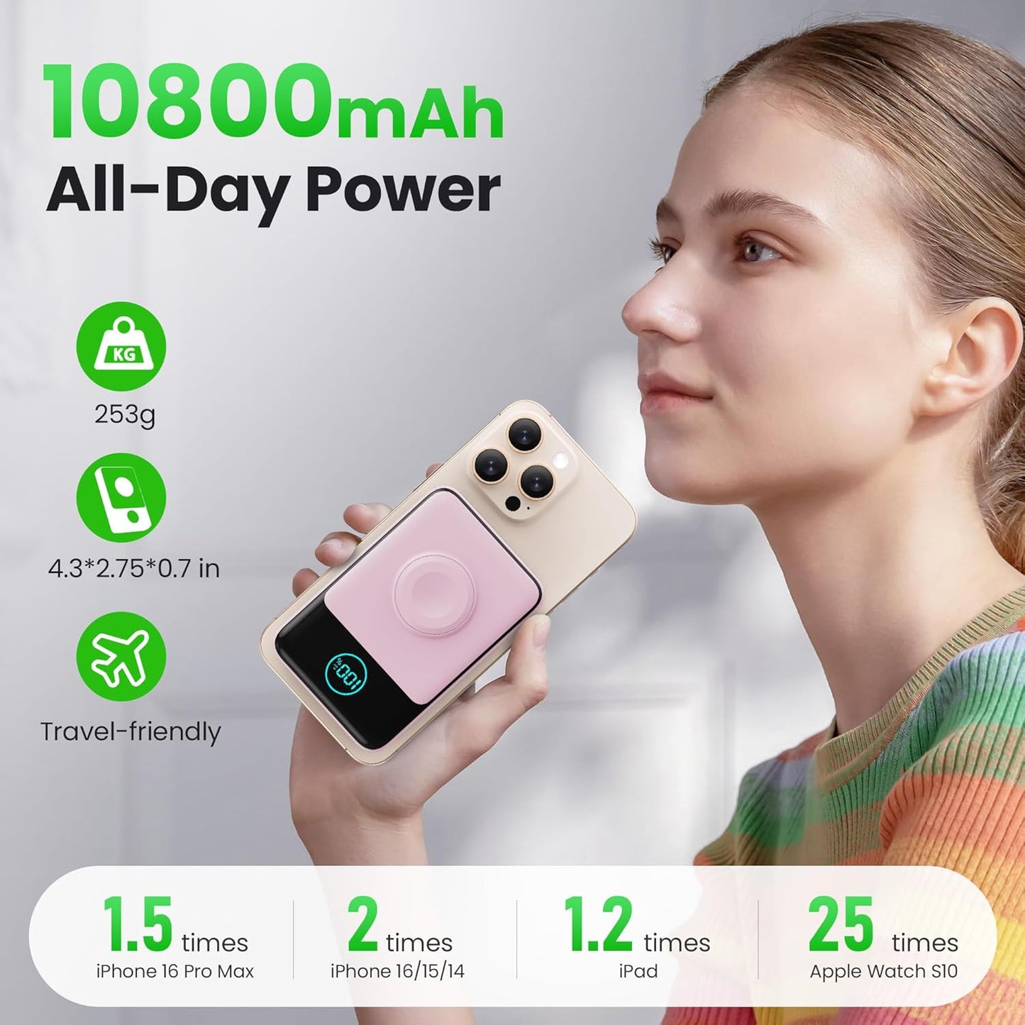 Magnetic Portable Charger for iPhone, 10800mAh Qi2 15W Wireless Power Bank with iWatch Charger,30W PD Fast Charging USB-C Travel Essentials Battery Pack for Magsafe,iPhone 17/16/15/14/13, Apple Watch