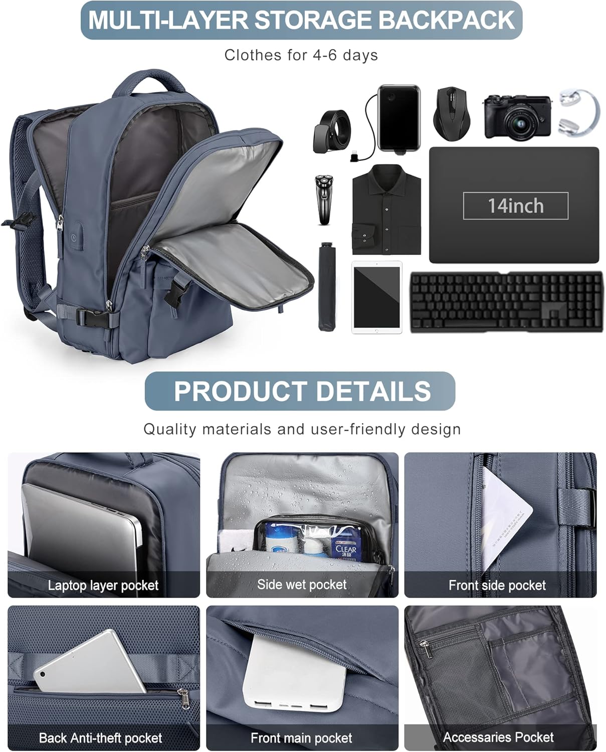 VGCUB Large Travel Backpack Bag for Women Men,Carry on 17 Inch Laptop Business Work Waterproof Backpack with Laptop Compartment,Person Item Flight Approved,Mochila de Viaje,Grey Blue Large