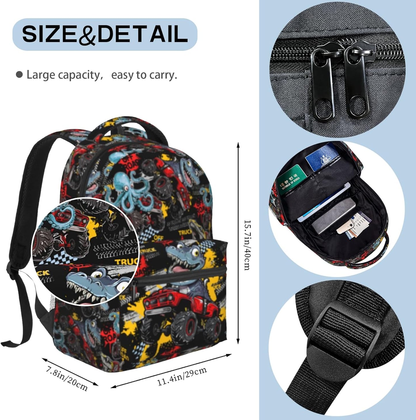 Kids School Truck Backpack Boys Dinosaur Truck Cars School Bag for Toddler Boys Preschool Kindergarten Bookbag