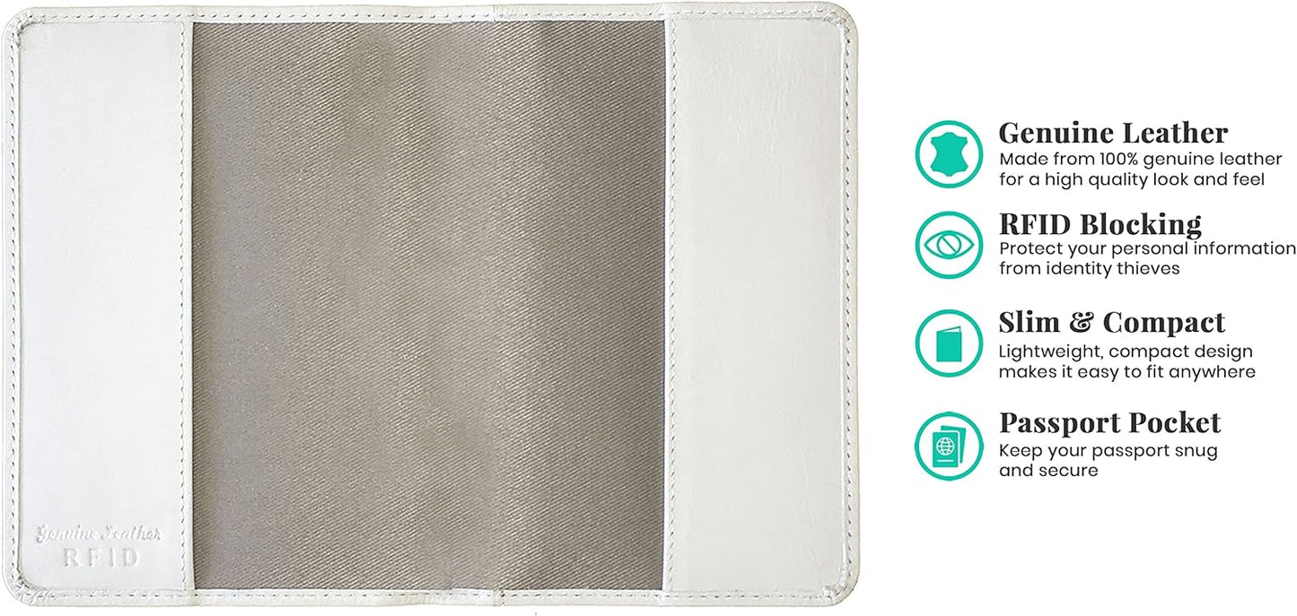 Personalized Monogrammed White Leather RFID Passport Cover Holder and 2 Luggage Tags