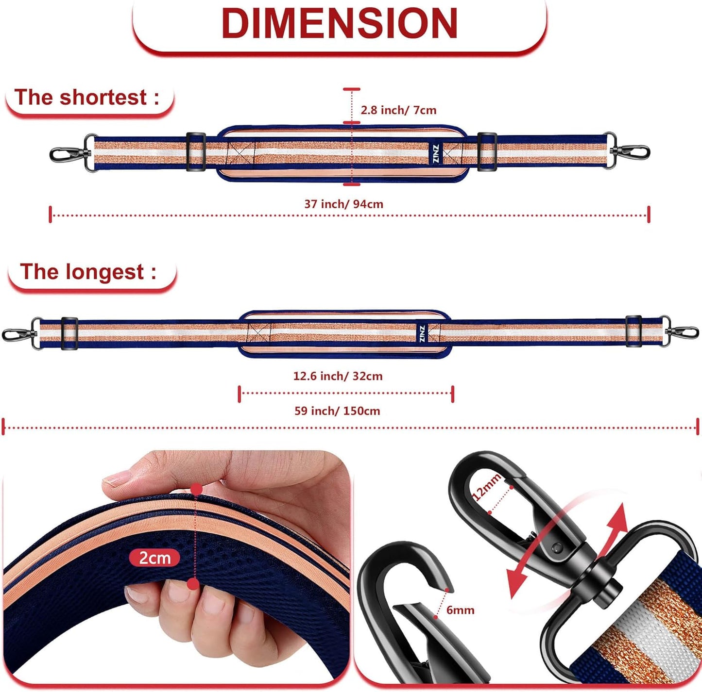 ZINZ Shoulder Strap - 59 Inch Universal Heavy-duty Adjustable Strap with Ultra-thick Fixed Breathable Pad for Laptop, Gym, Camera Bag and More - Blue Gold Jacquard