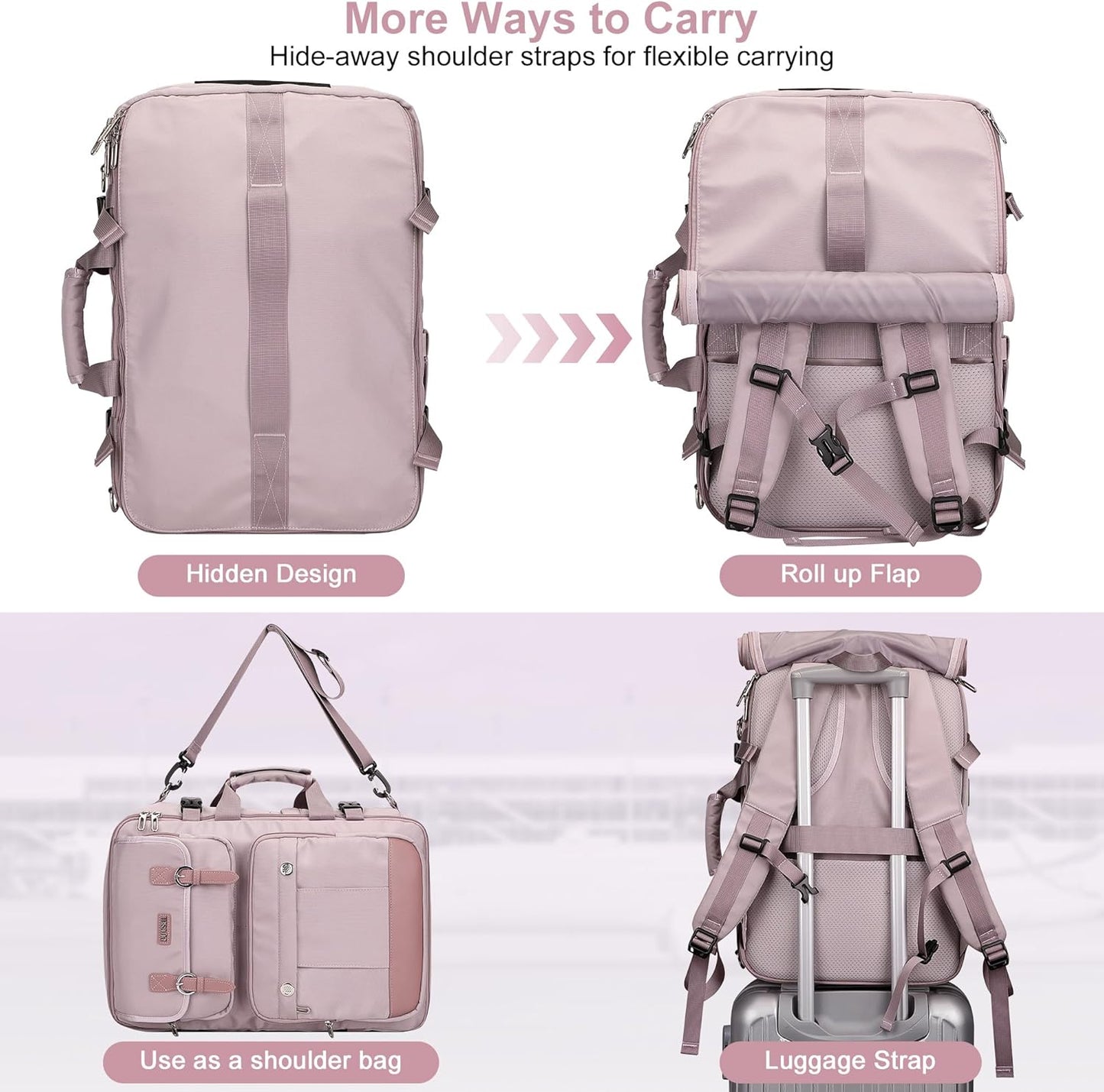 PIJUSHI Travel Backpack for Women Carry on Luggage Backpack Convertible Large Laptop Duffel Bag for Airplanes(PE049 Ashen Purple)