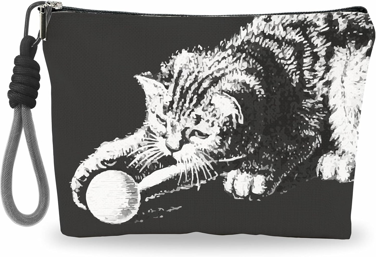 Gothic Make Up Bag, Cosmetic Bag With Hand Strap - Hand Drawn Cat Playing - Lined Toiletry Bag - Travel Pouch, Black Organizer With Zipper, Women Essentials & Accessories - A15