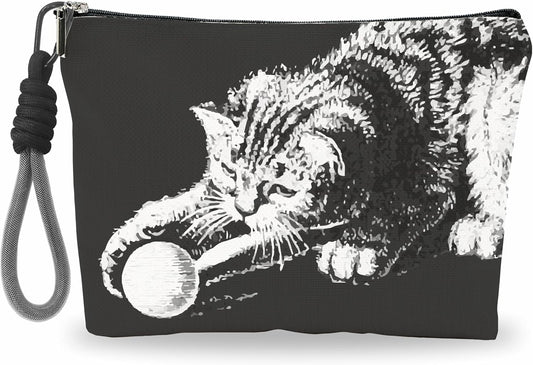 Gothic Make Up Bag, Cosmetic Bag With Hand Strap - Hand Drawn Cat Playing - Lined Toiletry Bag - Travel Pouch, Black Organizer With Zipper, Women Essentials & Accessories - A15