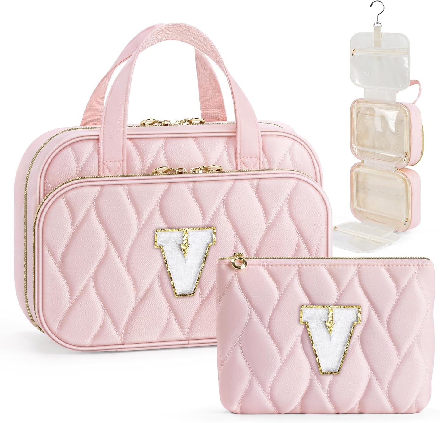 YOOLIFE Hanging Toiletry Bag for Women - Travel Toiletry Bag Makeup Bag, Portable Toiletries Cosmetic Bag, Airplane Travel Essentials - Letter V, Pink