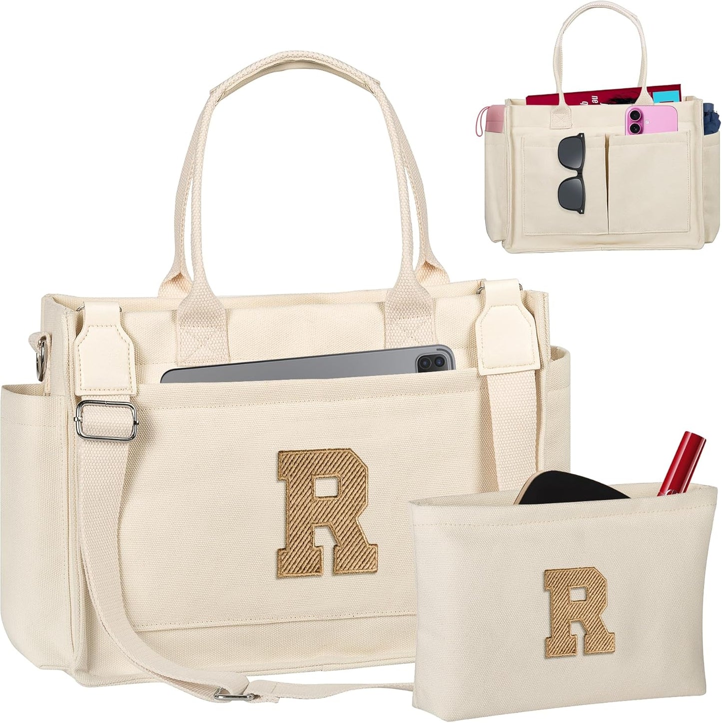 Gifts for Women Teen Girls, Initial Tote Bag with Zipper, Letter Canvas Tote Purse for College Work Laptop Beach