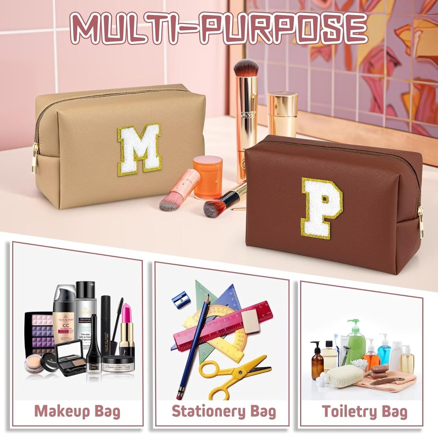 TOPEAST Preppy Small Makeup Bag, Chenille Letter Pouch Cosmetic Bag With Zipper, PU Leather Waterproof Toiletry Bag, Personalized Birthday Gift for Women, Cute Stuff for Girls (Brown D)