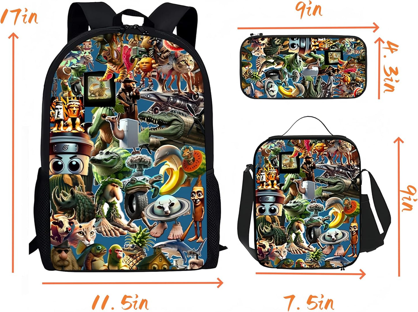  3PCS Italian Brainrot Casual Large Daypack Backpack,17in Shoulder Waterproof Lightweight Daypack Gifts (Color 1)