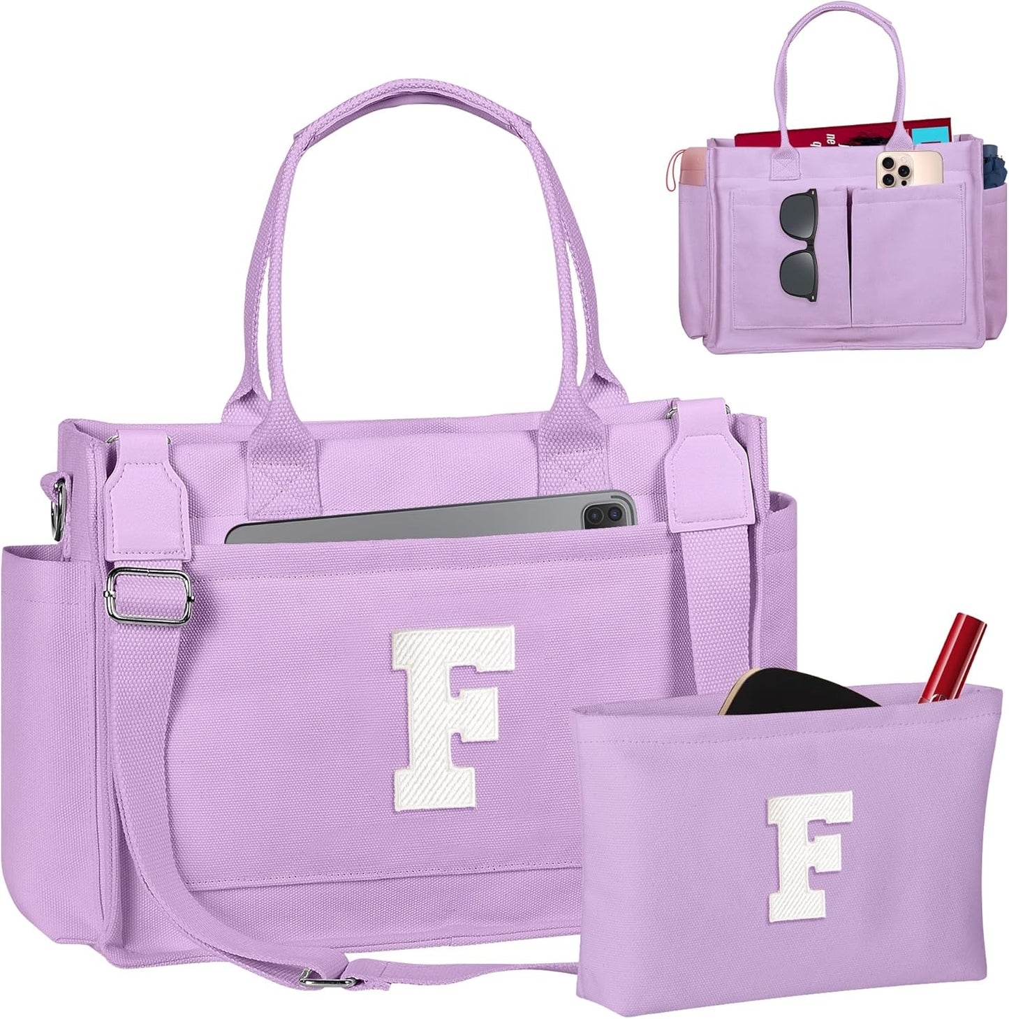 Gifts for Women Teen Girls, Initial Tote Bag with Zipper, Letter Canvas Tote Purse for College Work Laptop Beach