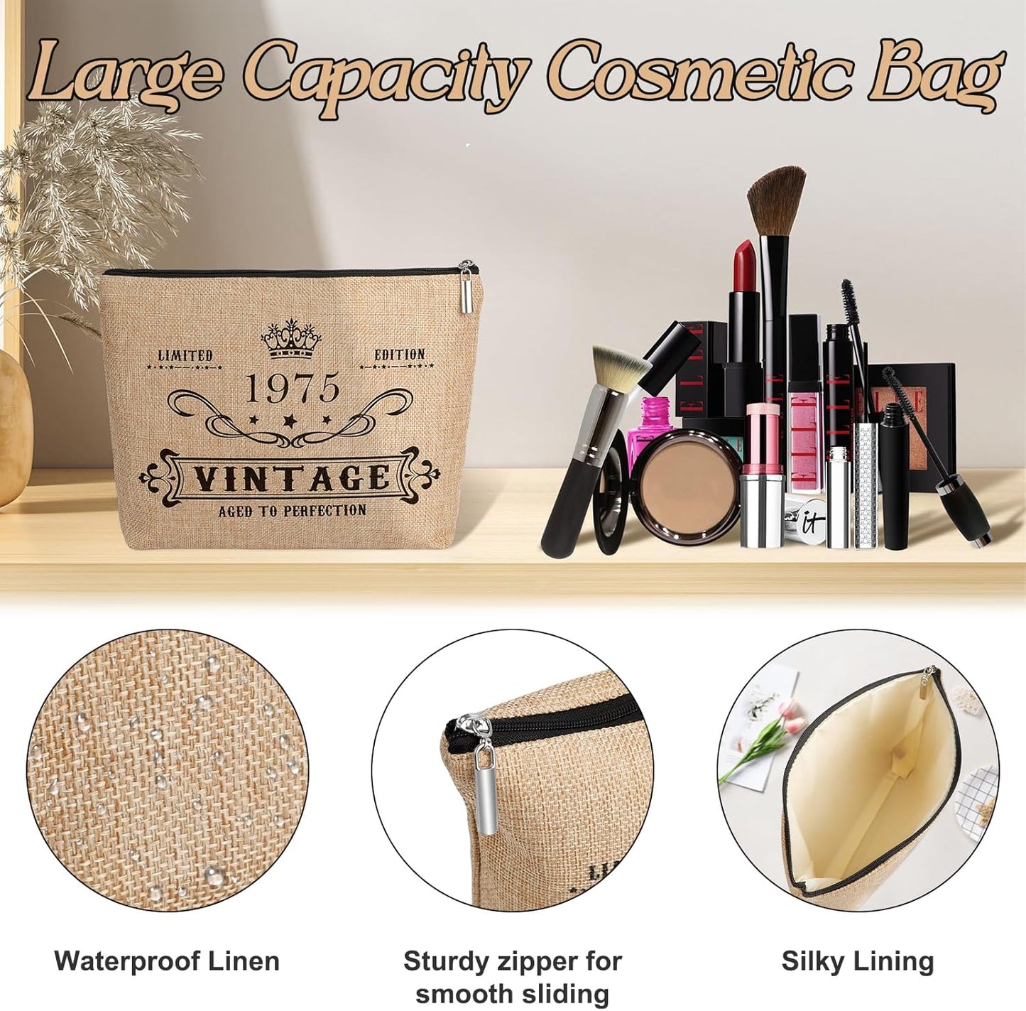 YeohJoy 50th Birthday Gifts for Women Jute Tote Bag, Vintage 1975 Burlap Bag with Cosmetic Bag and Back in 1975 Poster, Unique 50 Years Old Gifts for Mom Friends Wife Sister Her