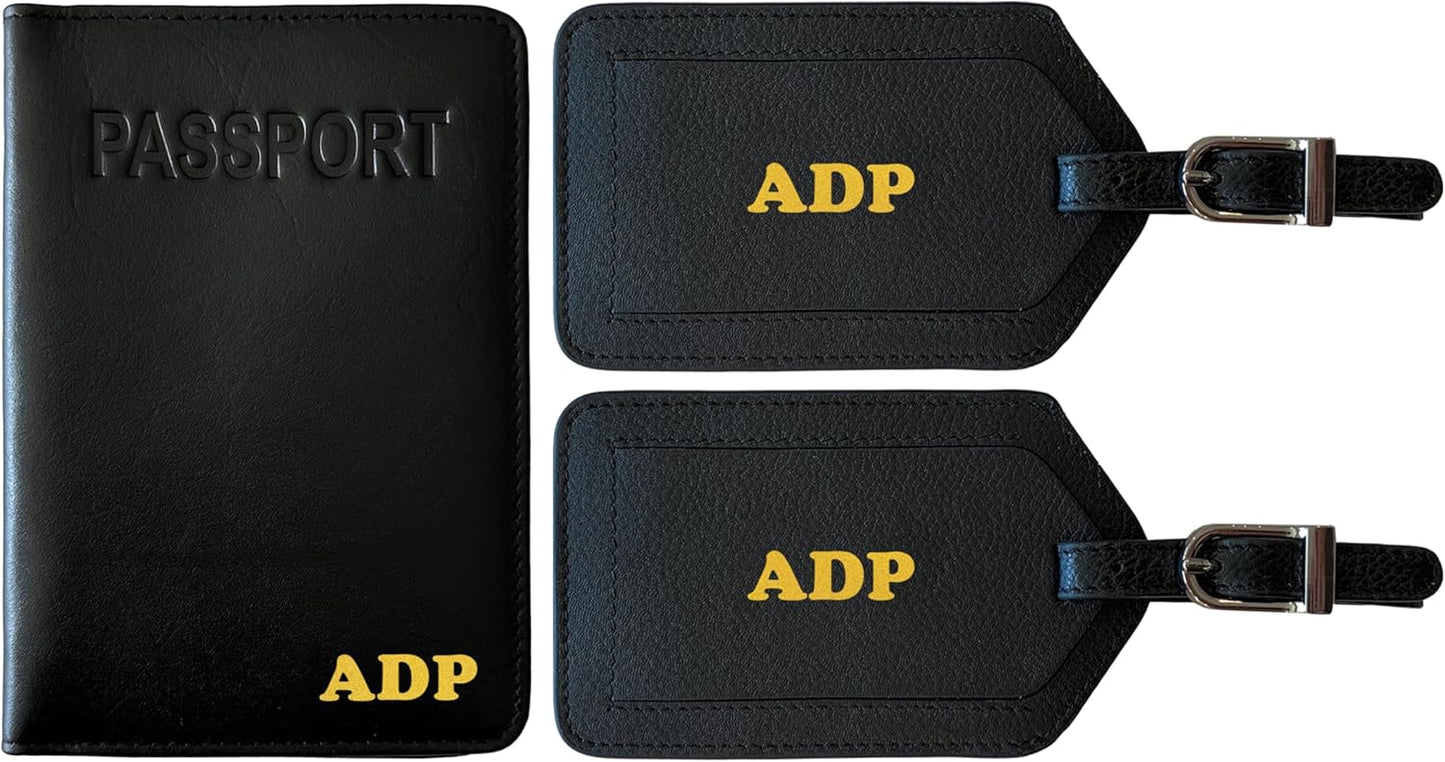 Personalized Monogrammed Black Leather RFID Passport Cover Holder and 2 Luggage Tags