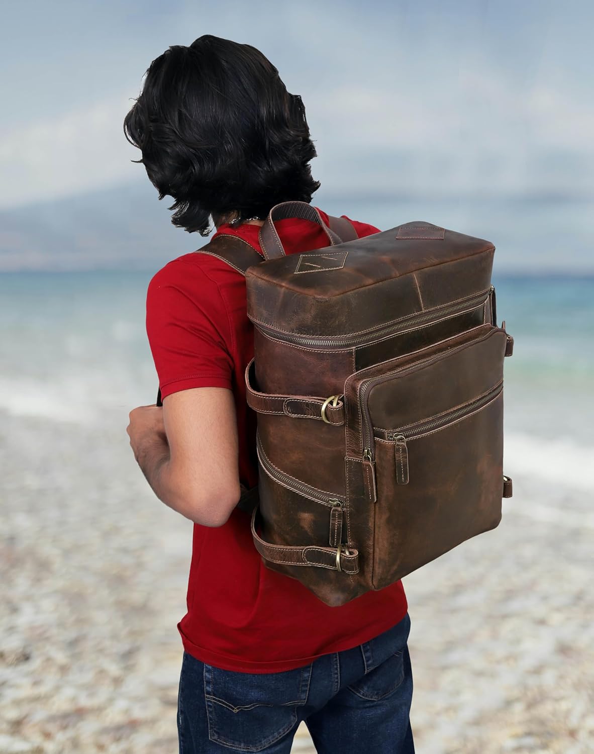 HLC Leather Brown Backpack For Men 17 Inch Genuine Laptop Backpack For Women Men Genuine Leather
