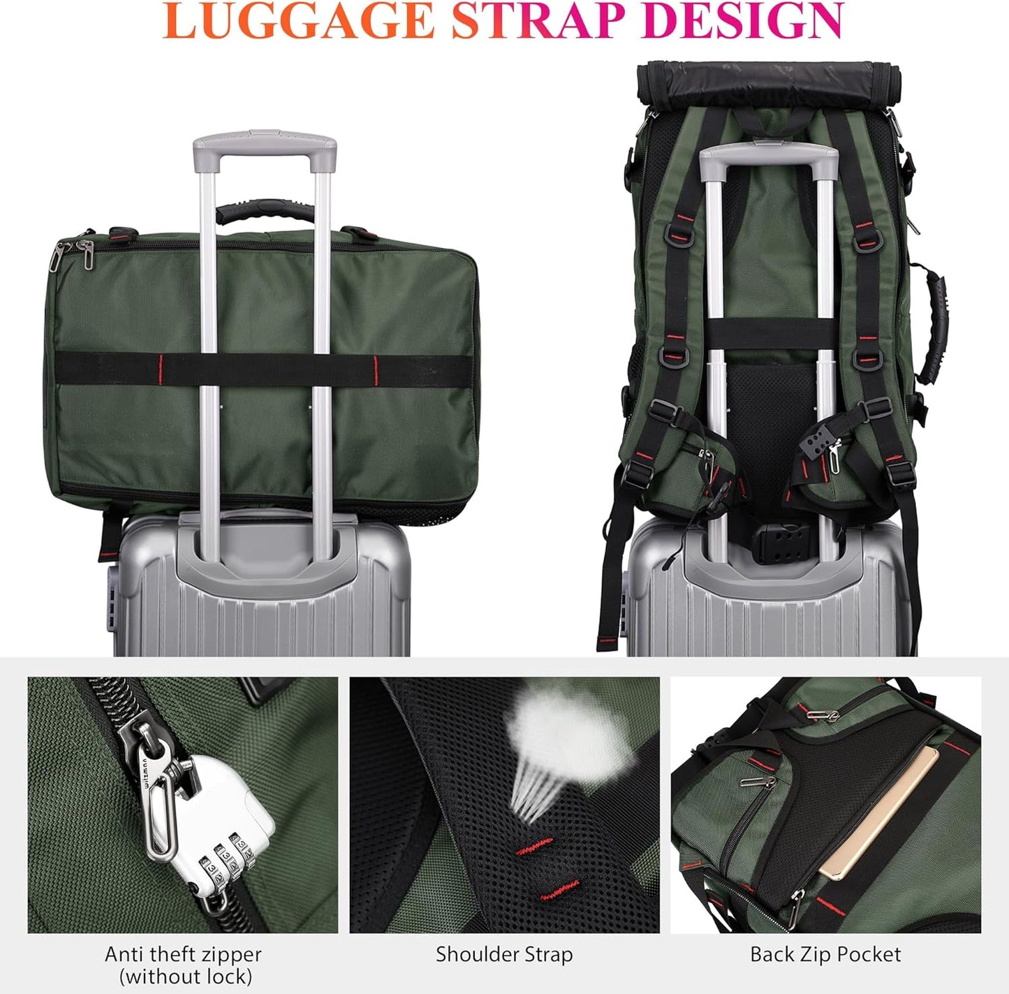 WITZMAN Carry on Travel Backpack for Men Women Airline Approved Convertible Nylon Duffle Backpack Luggage Bag (B682 Army Green)