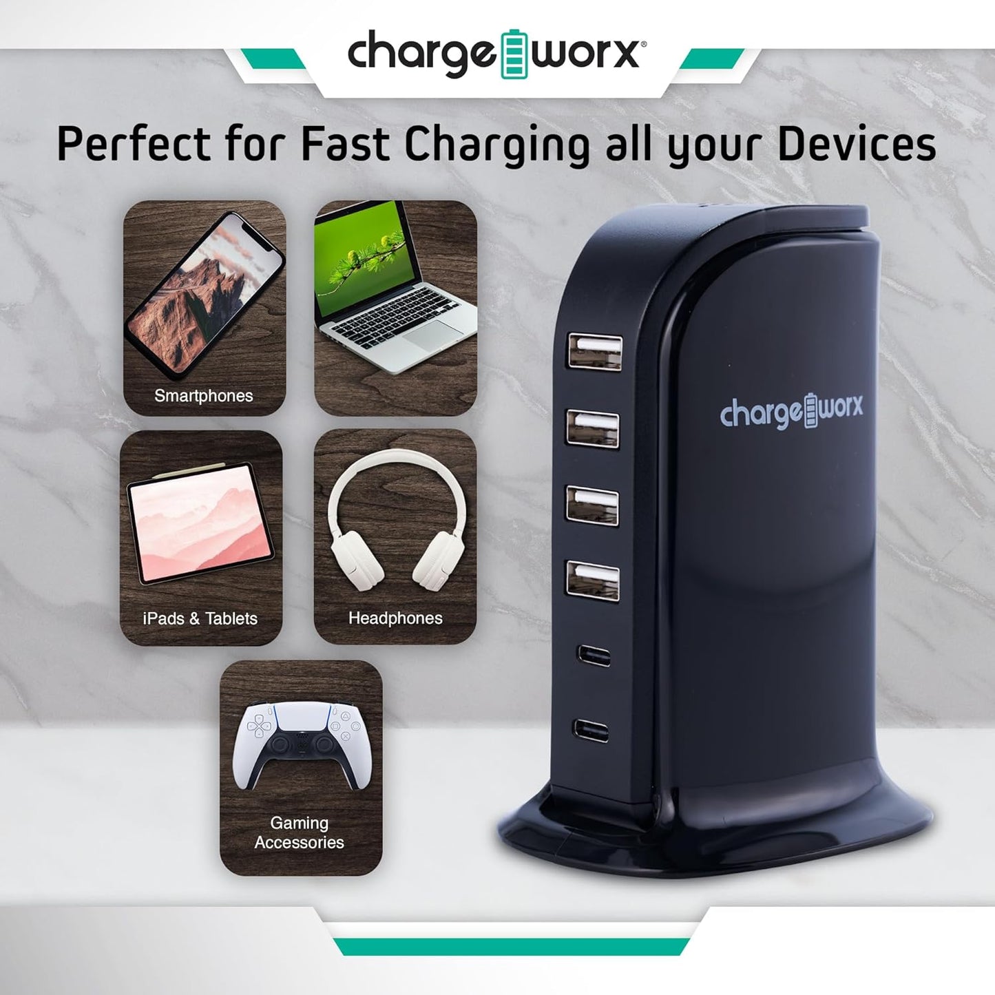 ChargeWorx Multi-Port Charger with 4 USB-A and 2 USB-C Ports, Fast Tower Charging Station, 40-Watt Output, Includes Surge Protector, Fire-Resistant Design, Compatible with iPhone and Android Devices