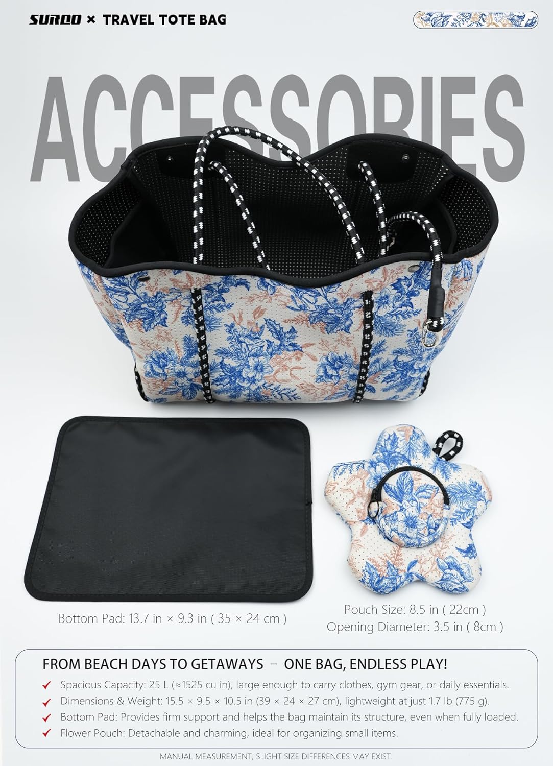 Neoprene Beach Bag for Women, Large Travel Tote Gym & Pool Bag, Detachable Pouch
