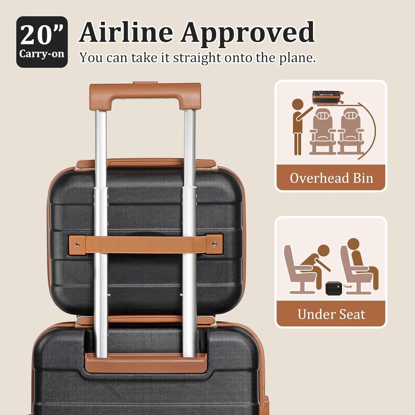 imiomo Carry on Luggage Airline Approved, Lightweight Hard Shell Carry-on Suitcase, 20 Inch Travel Luggage with Spinner Wheels and USB Port, Black Brown