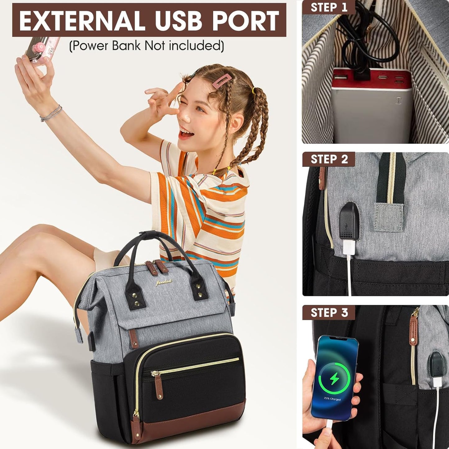 Laptop Backpack for Womem Work Bags: 18 Inch Travel BackPacks With USB Charging Port Anti Theft Durable Back Pack Fashion College BookBag Purse Bussiness Daypack for Nurse Teacher Black Grey Brown