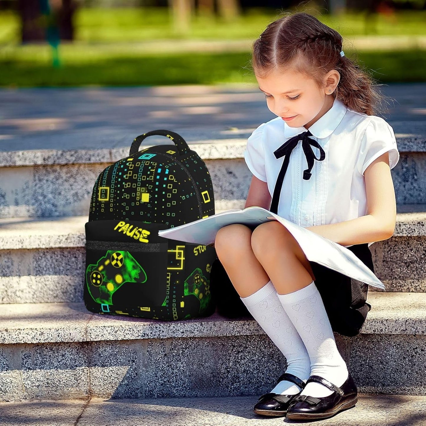Green Gaming Kids Backpack for Boys Girls Gamepad Elementary Schoolbag Kindergarten Gamer Bookbags Preschool Toddler Book Bags Travel Bag Hiking Camping Rucksack Daypack for Back to School Gifts
