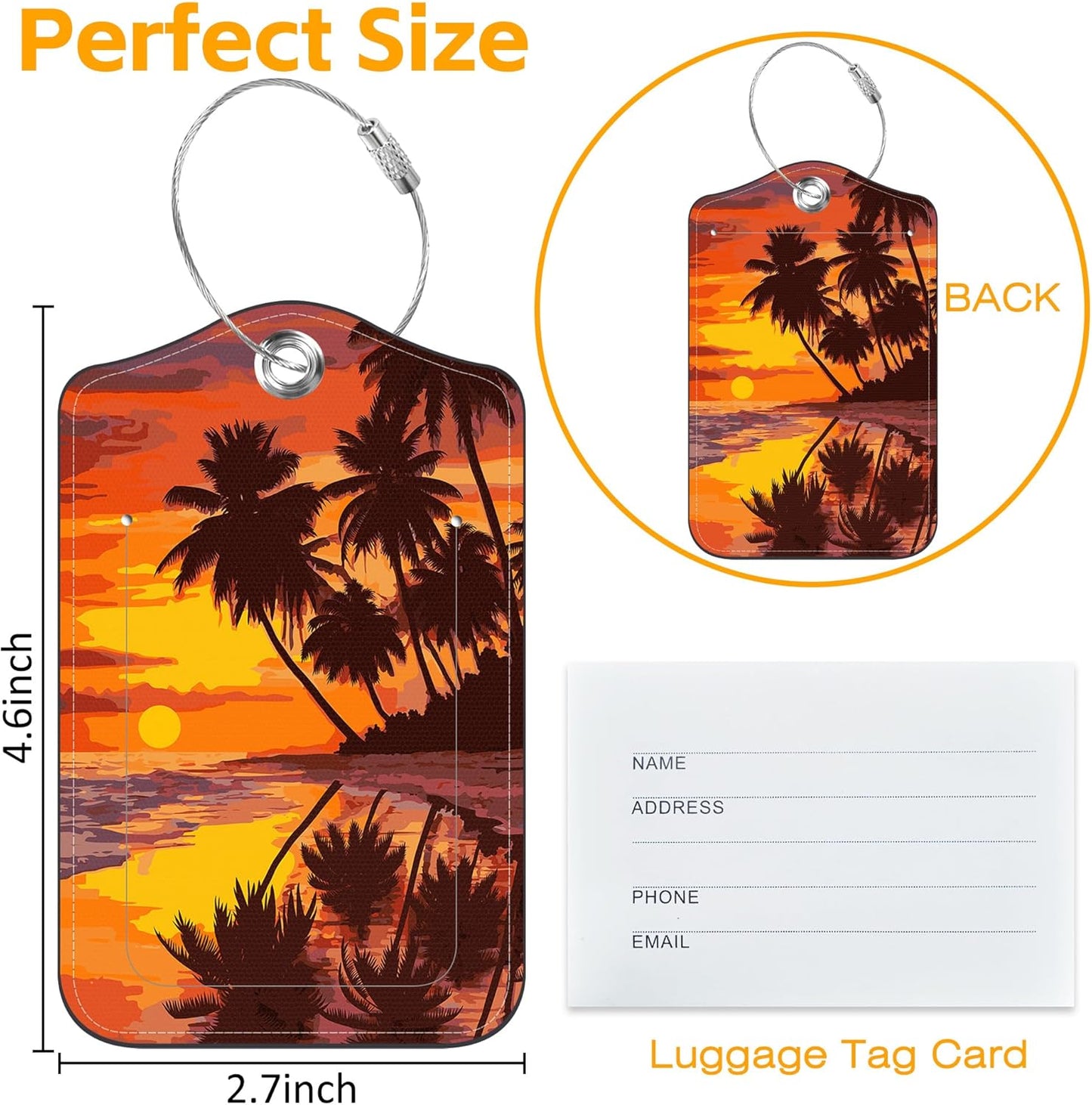 Beach Palm Trees Luggage Tag for Suitcase 3 Pack Leather Luggage Tag with Privacy Flap Name ID Label and Metal Loop for Women Men Travel