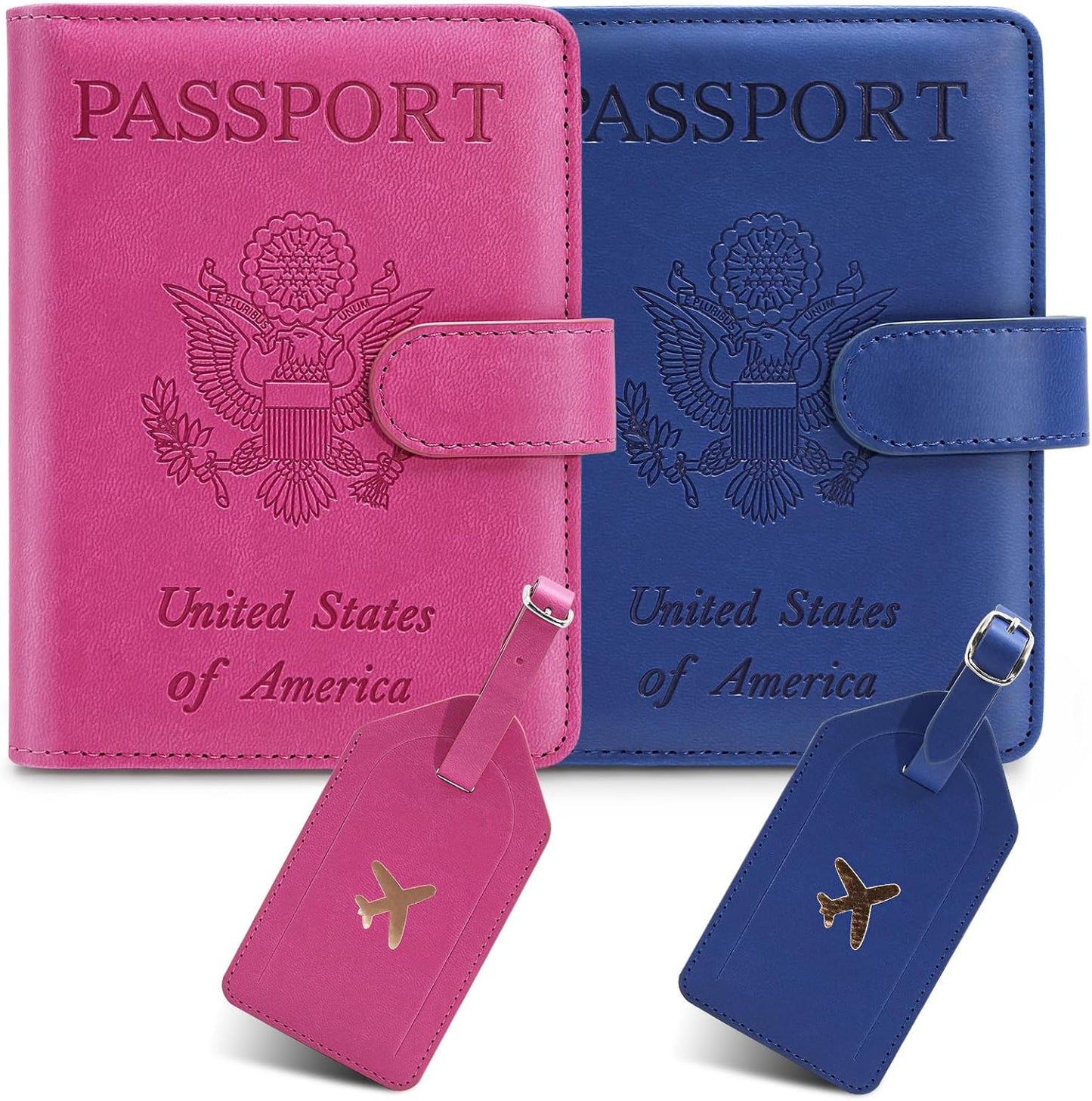 2 Pack Passport Holder For Travel with Luggage Tag Cover – RFID Blocking Passport Wallet Holder for Travel Women/Men | PU Leather Passport Case with Money Pocket, Blue/Pink