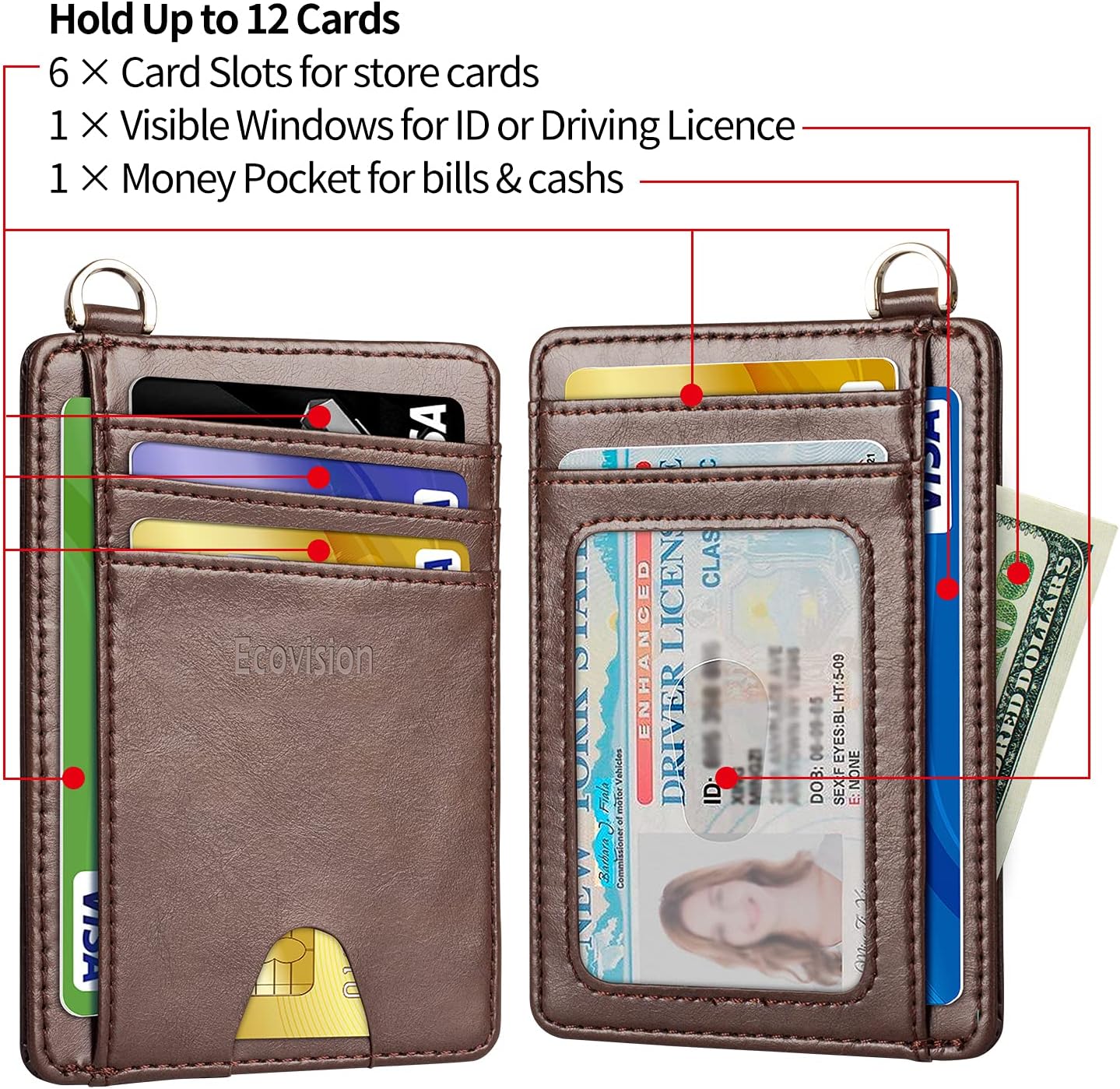 EcoVision Slim Minimalist Front Pocket Wallet, RFID Blocking Credit Card Holder Wallet with Detachable D-Shackle for Men Women