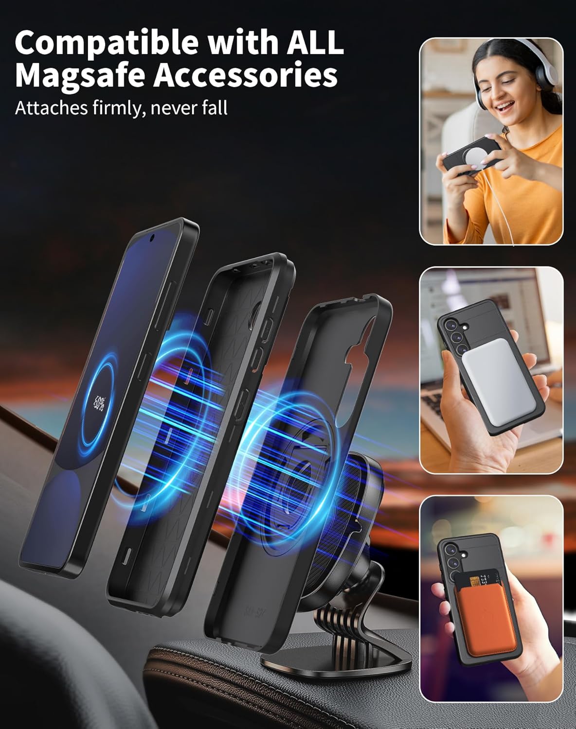 for Samsung Galaxy S24 FE Case Magnetic Compatible with MagSafe Wireless Charging,with 2 Screen Protectors,for S24 FE Case with Stand Ring Anti-Scratch Shockproof Heavy Duty Protection Black