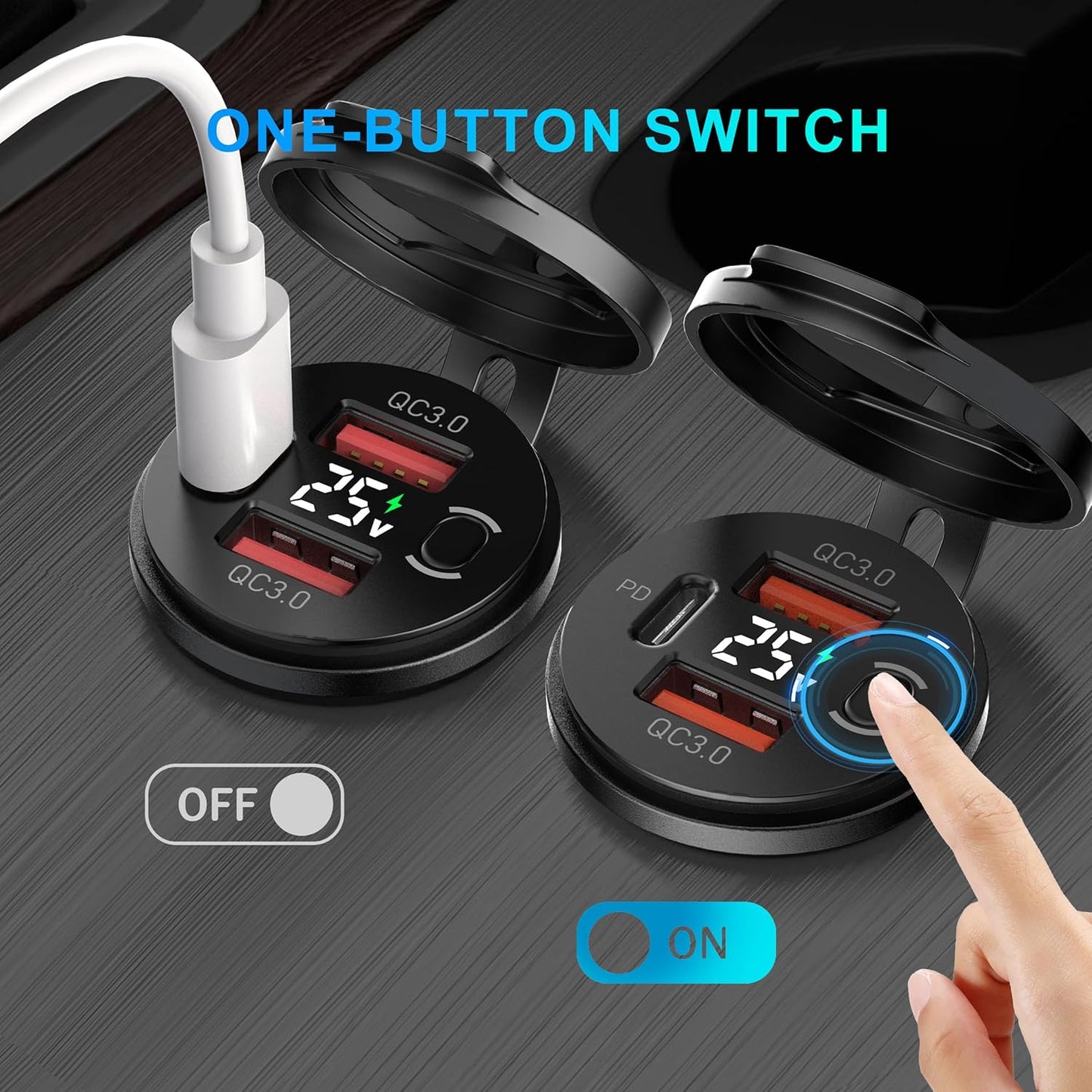 USB Outlet 3 Port Car Charger, USB C Car Charger Quick Charge, PD & QC USB Port for Car, USB C Cigarette Lighter Replacement 12V-24V Socket for Motorcycle RV Car Boat Marine Truck (2QC+PD Black)