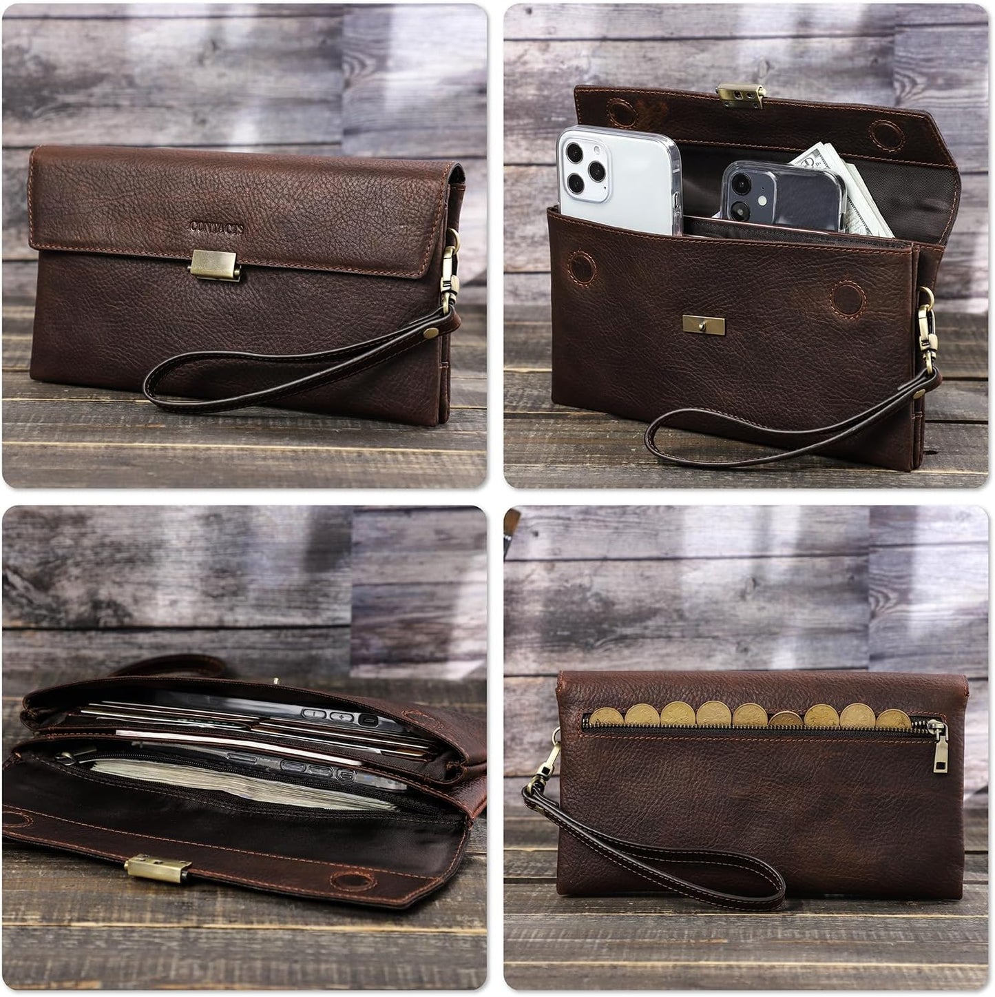 Top Grain Genuine Leather Clutch Wallet with Wristlet for Man & Woman, Handmade Retro Design, Magnetic Push Lock, Multi Pockets/Slots, RFID Large Capacity for Cards/Check/Cash/Coin/Passport, Red Brown
