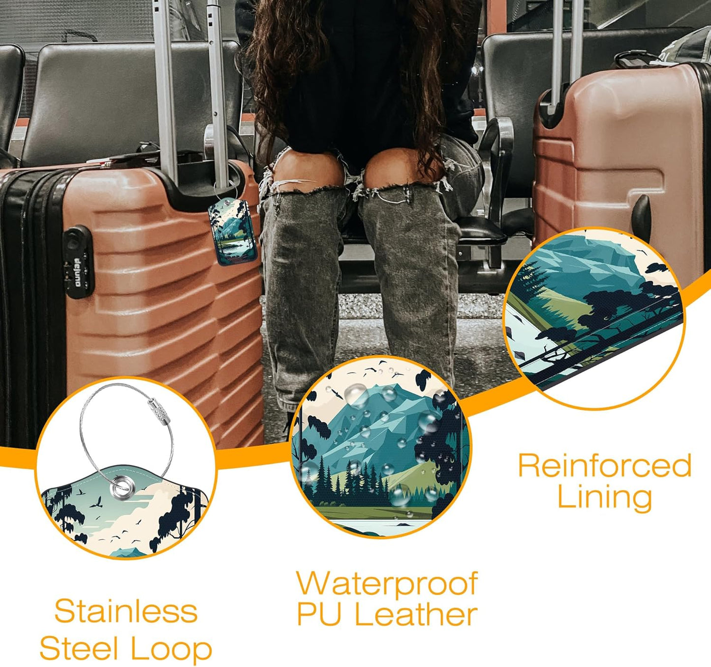 3 Pack Luggage Tag for Suitcase Mountain Lake Scenery Leather Travel Cruise Luggage Tag with Stainless Steel Loop Name ID Label Privacy Cover for Adults Teens Travel Bag Labels Set