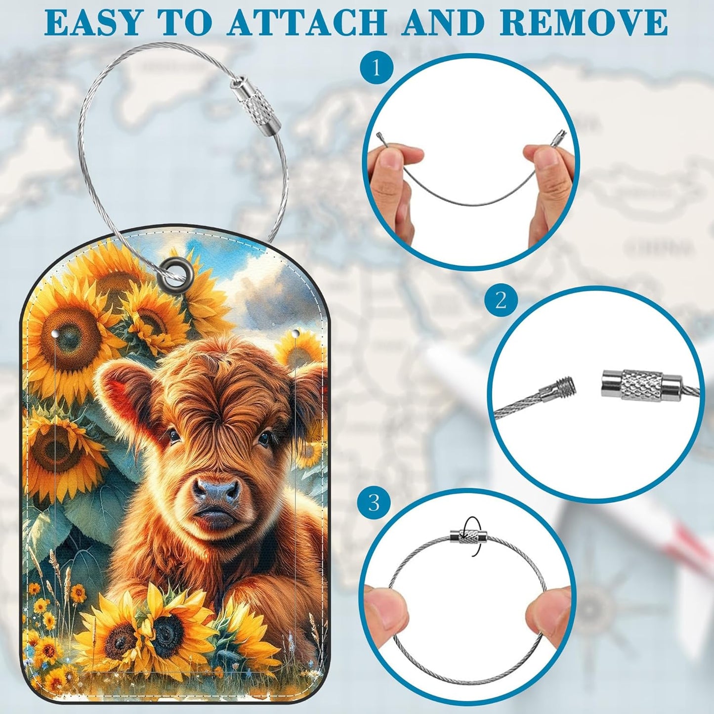 2 PCS Leather Luggage Tags for Suitcase Highland Cow in Field of Sunflower Travel Luggage Tag with Privacy Flap Name ID Label and Metal Loop for Travel Bag Suitcase