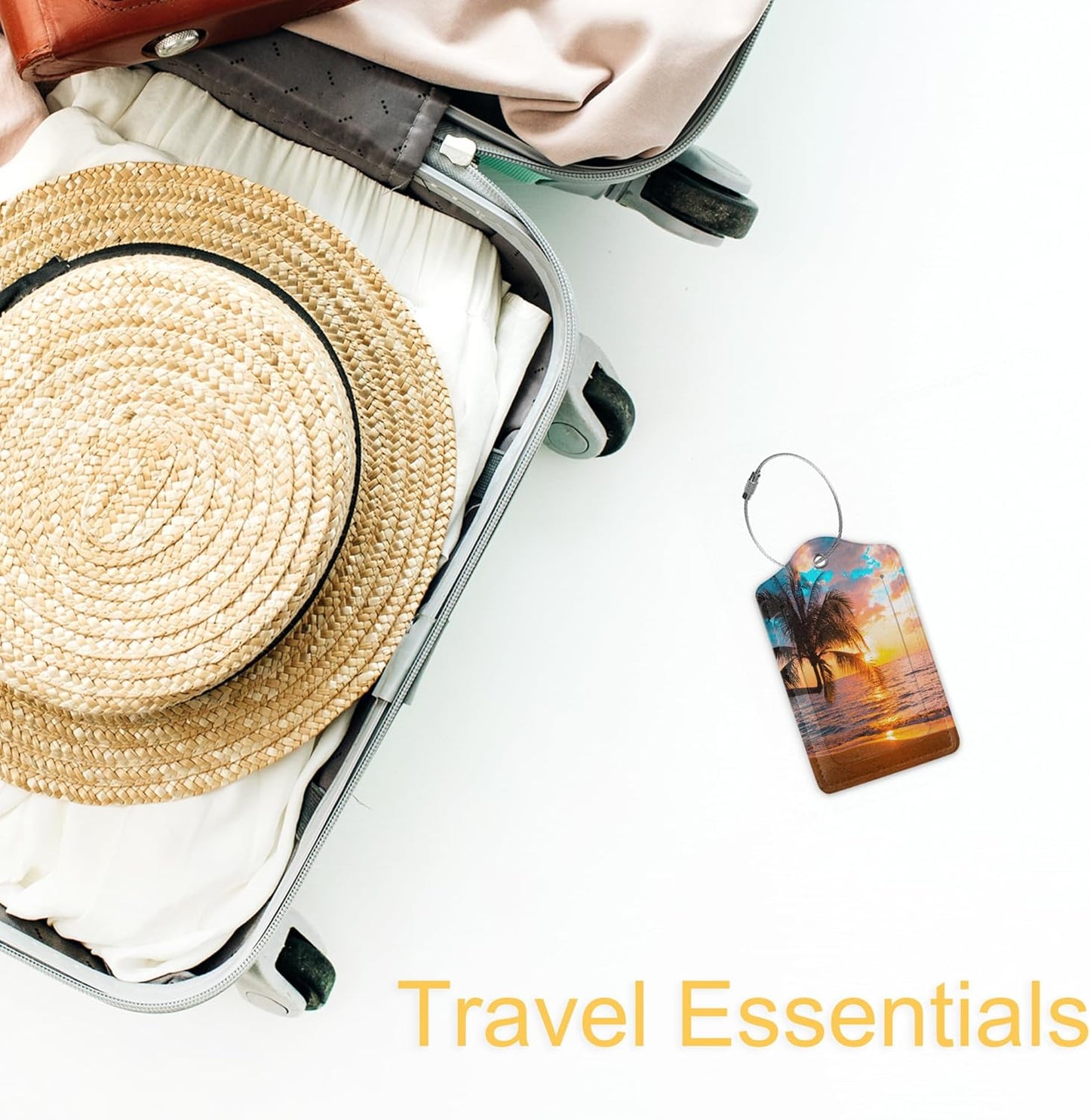Tropical Palm Luggage Tags Set of 2 Leather Luggage Tags Privacy Cover Suitcase Label with Stainless Steel Loop for Women/Men Travel,Sunset Trees Sea Beach