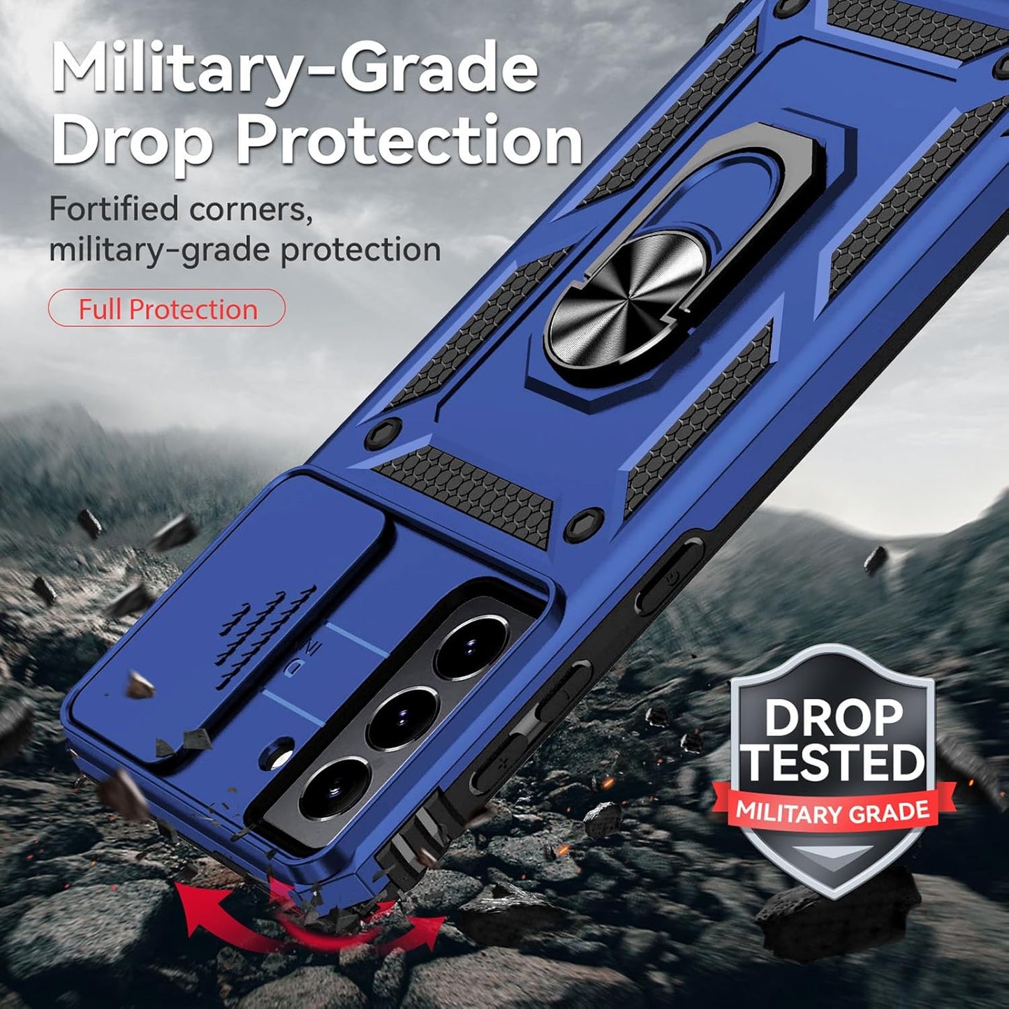 for Samsung S21 FE Case with Screen Protector: [Military Grade 20ft. Drop Tested] Ring Shockproof Protective Phone Case for -Samsung Galaxy S21 FE (Blue)