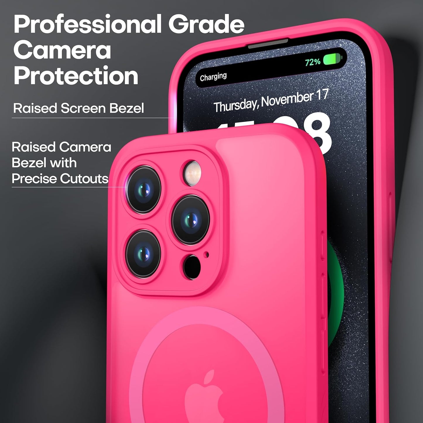 CellEver Strong Magnetic for iPhone 15 Pro Case [Camera Protection] [Military Grade Drop Tested] [Compatible with MagSafe] Slim Translucent Matte Phone Case (6.1") - Hot Pink