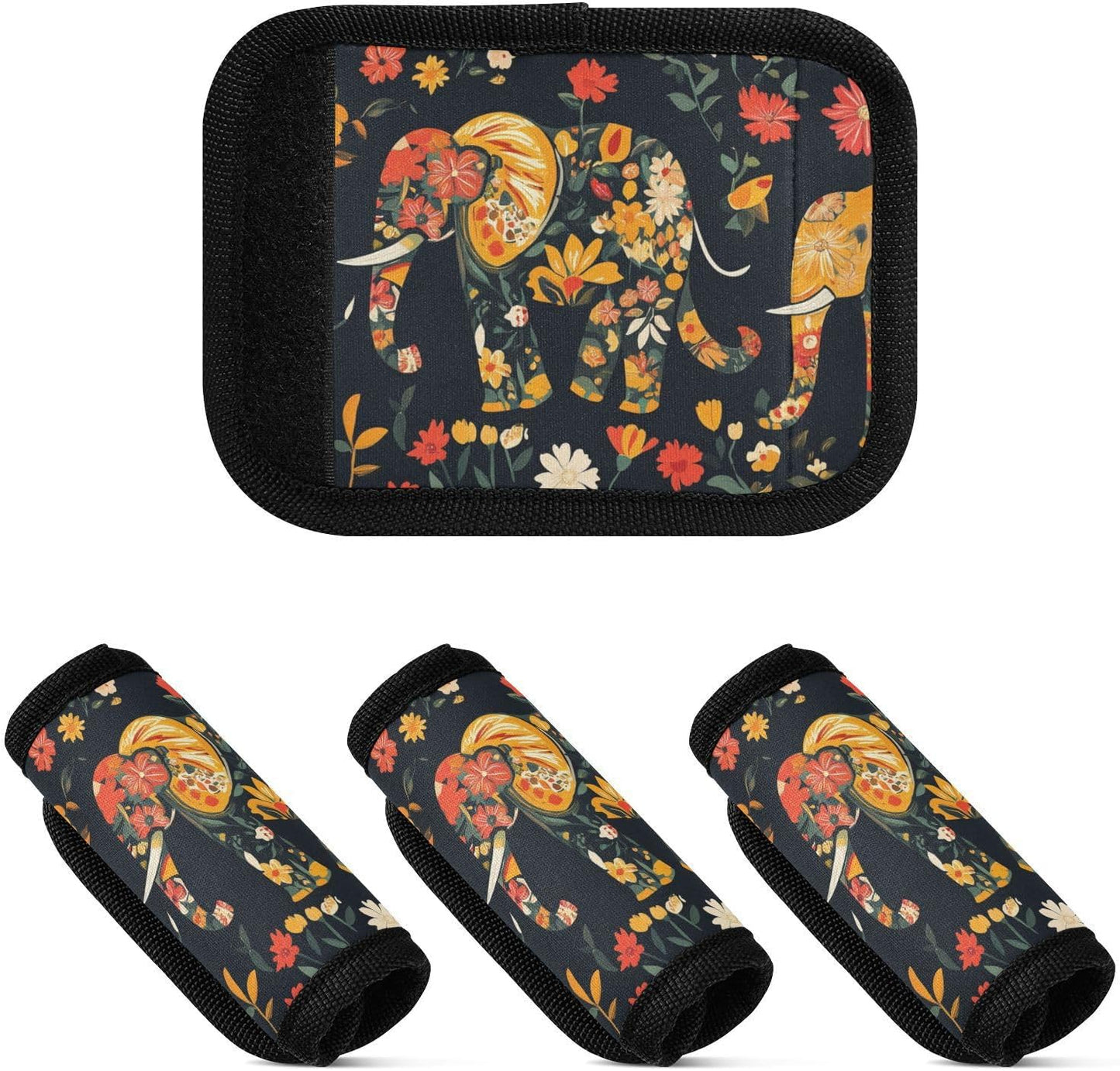 Floral Elephants Retro Black 2 Pack Luggage Handle Wraps Covers for Suitcase Identifiers Bag Tags Travel Accessories