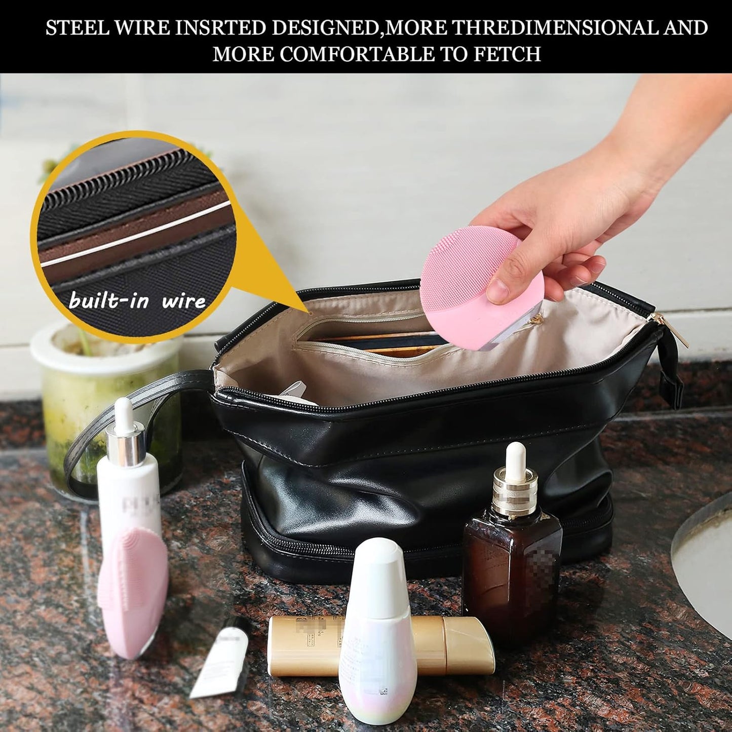 Abiudeng Large Capacity Makeup Bag Ladies Cosmetic Bag Travel Bag with Compartments Portable PU