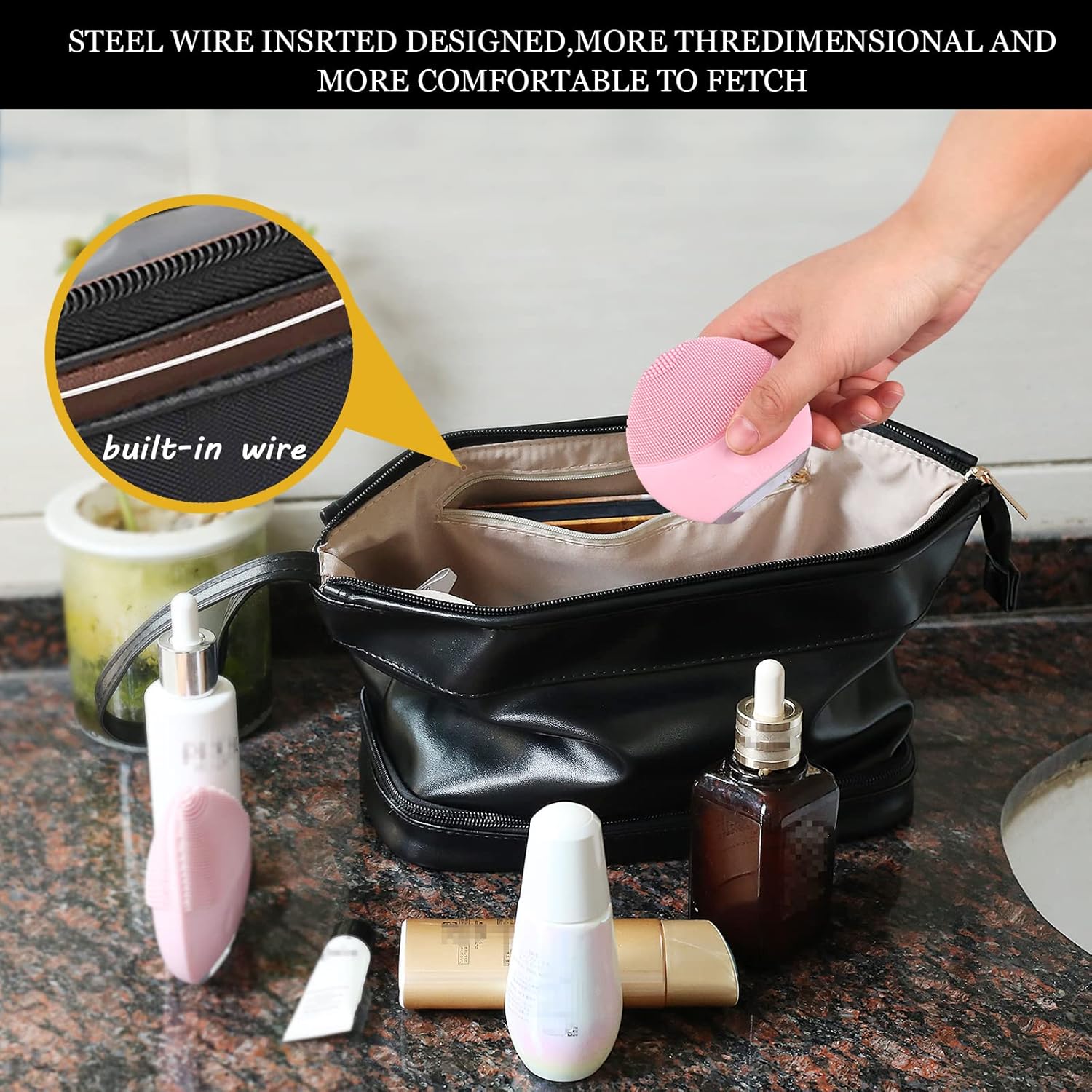 Abiudeng Large Capacity Makeup Bag Ladies Cosmetic Bag Travel Bag with Compartments Portable PU