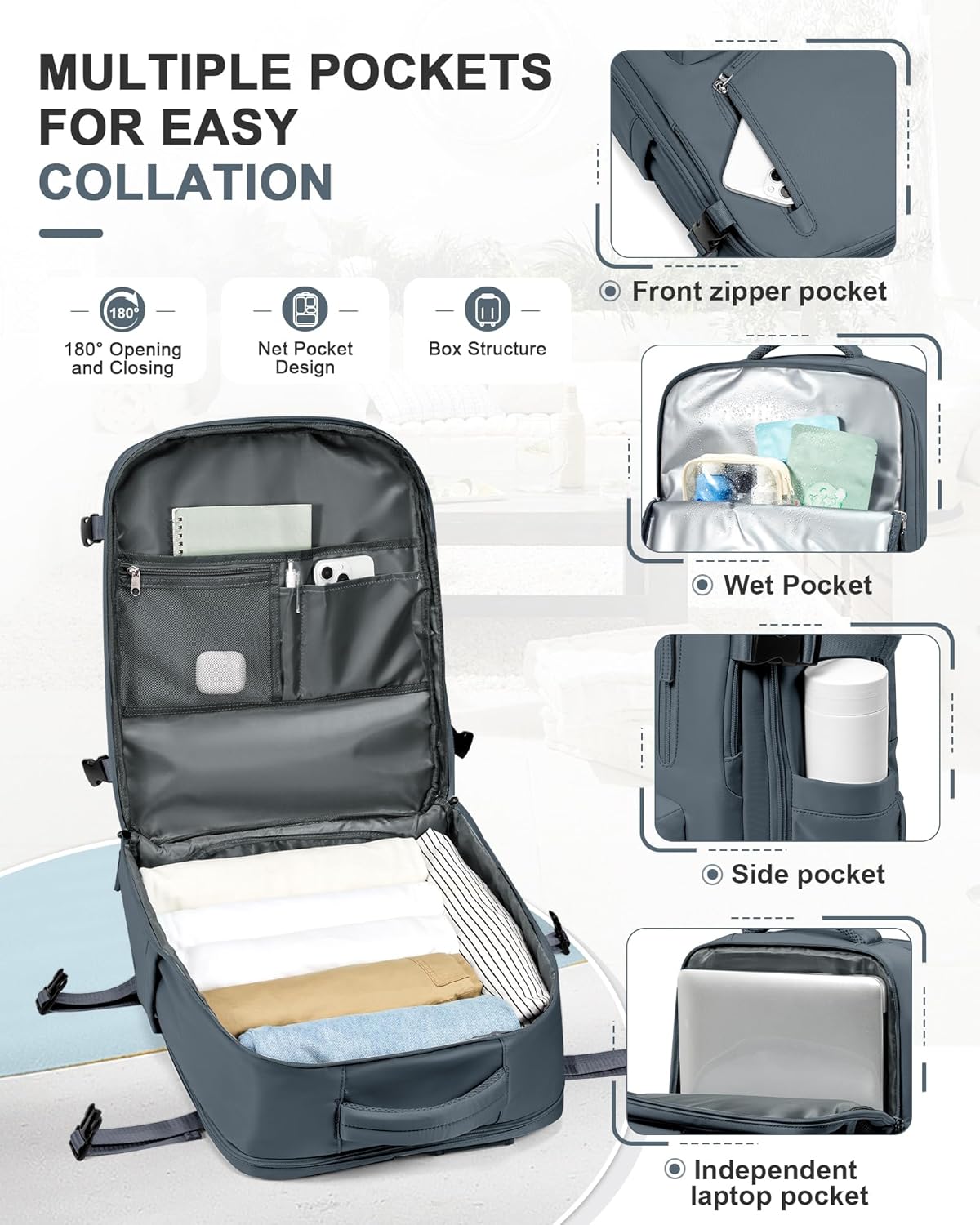 Travel Backpack for Women Men for Spirit Airlines Personal Item Bag 18x14x8 Inches Laptop College Waterproof Carry on Flight Approved Work Backpack Mochila de Viaje, Large Grey Blue