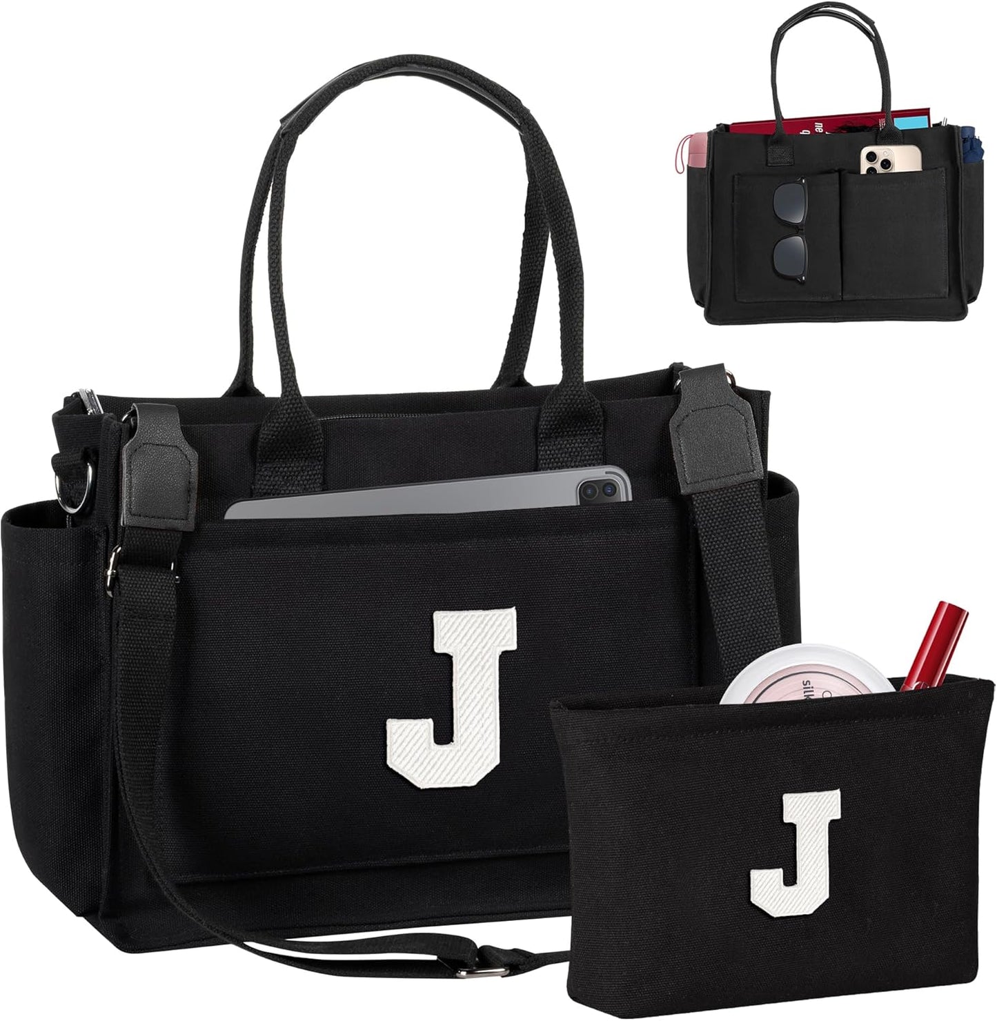 Gifts for Women Teen Girls, Initial Tote Bag with Zipper, Letter Canvas Tote Purse for College Work Laptop Beach