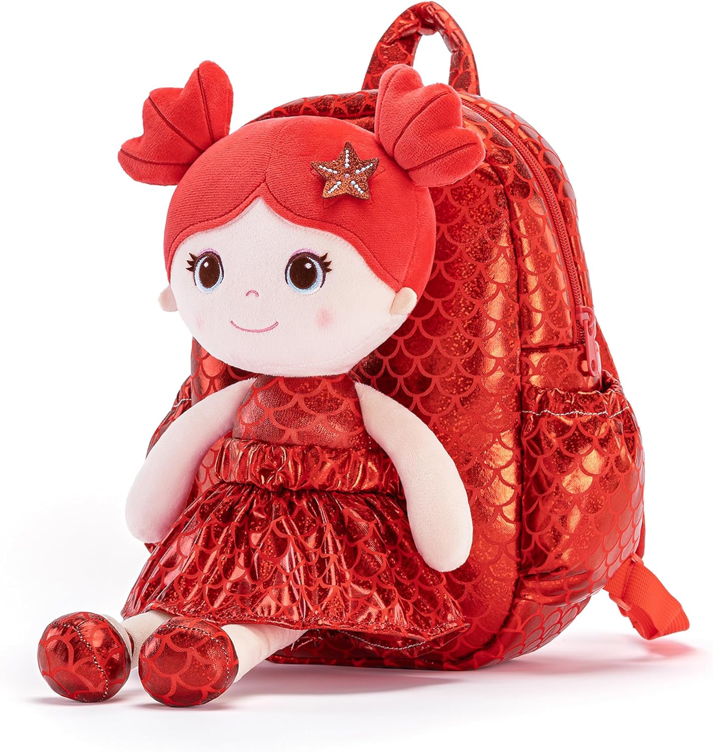 Lazada Toddler Backpack - Baby Girl Gifts Plush Doll Dress Backpack - Fashion Girls Tina Fish Scale Series - Red 11 Inches
