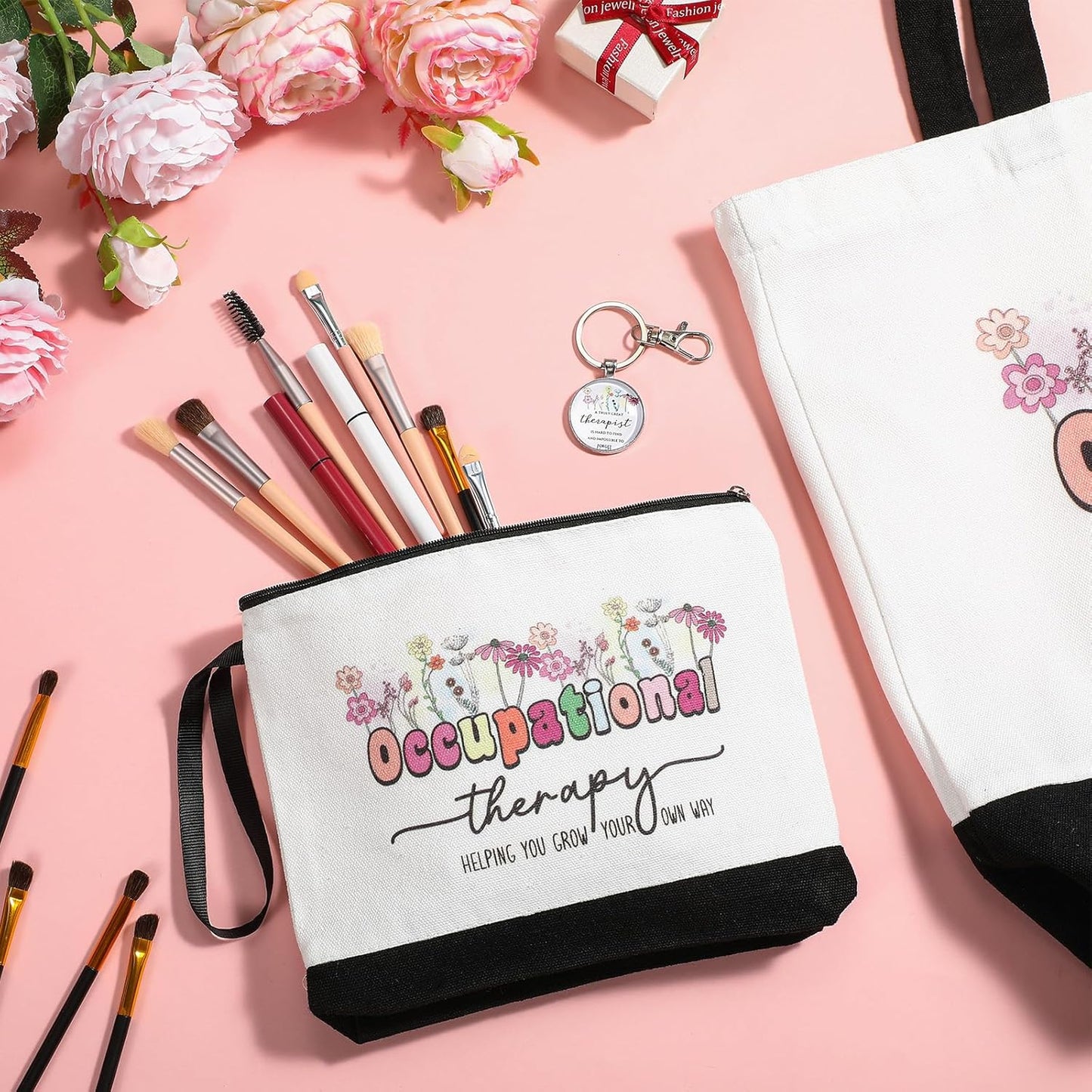 Kacctyen 3 Pcs Occupational Therapy Gifts Canvas Tote Bag Mental Healthy Makeup Cosmetic Bag Psychology Appreciation Keychains OT Gifts for Women Therapists Birthday Christmas